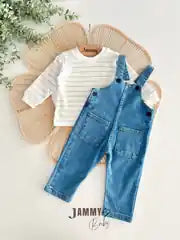 Button-Detail Denim Overall / Striped Bodysuit Set – DENIM