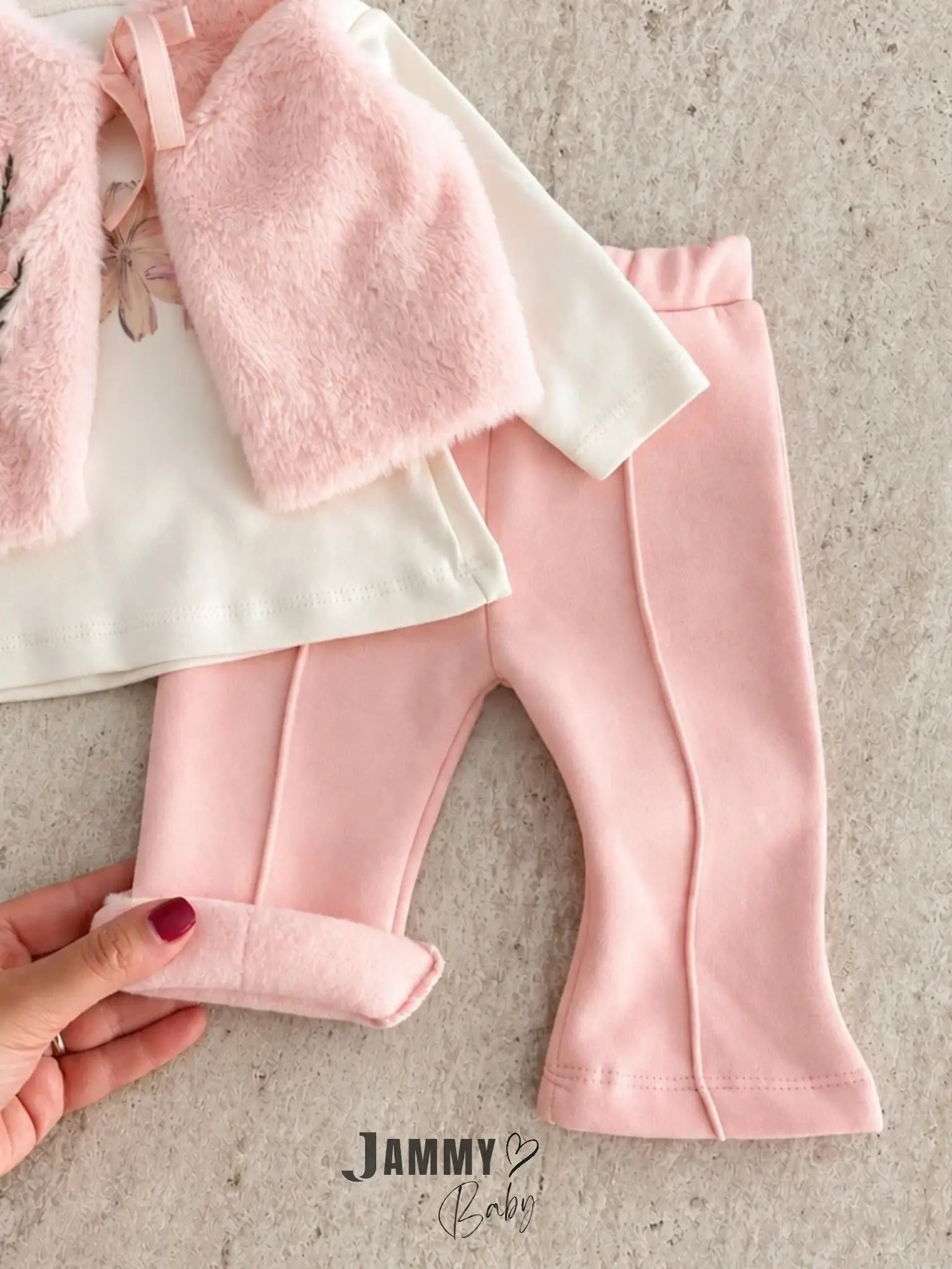 Floral Embroidered Plush Vest & Bodysuit, Pants 3-Piece Set - Salmon