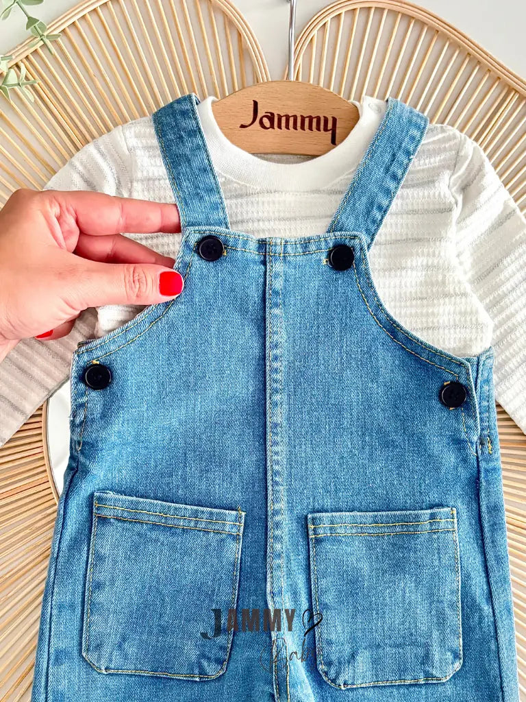 Button-Detail Denim Overall / Striped Bodysuit Set – DENIM