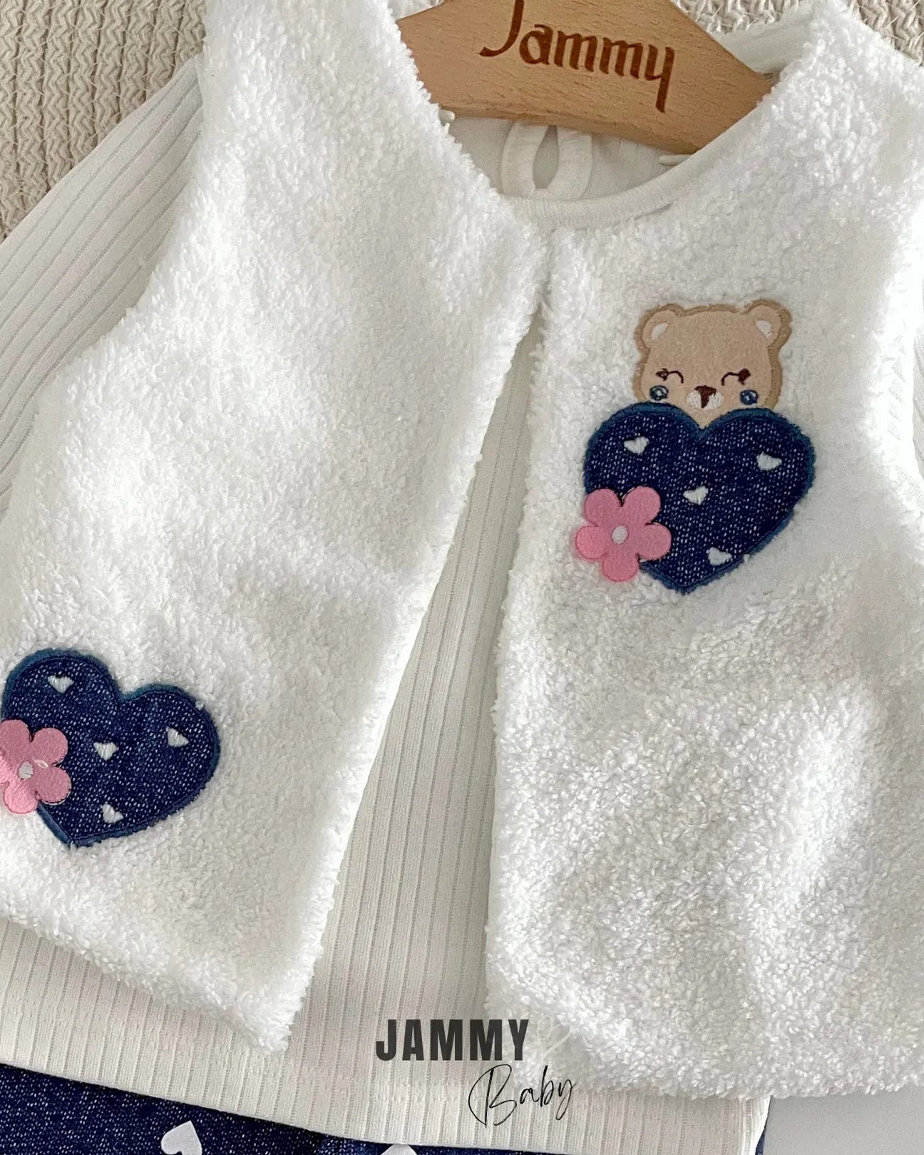 Teddy Bear Plush Vest/Denim Tights 3-Piece Set-WHITE
