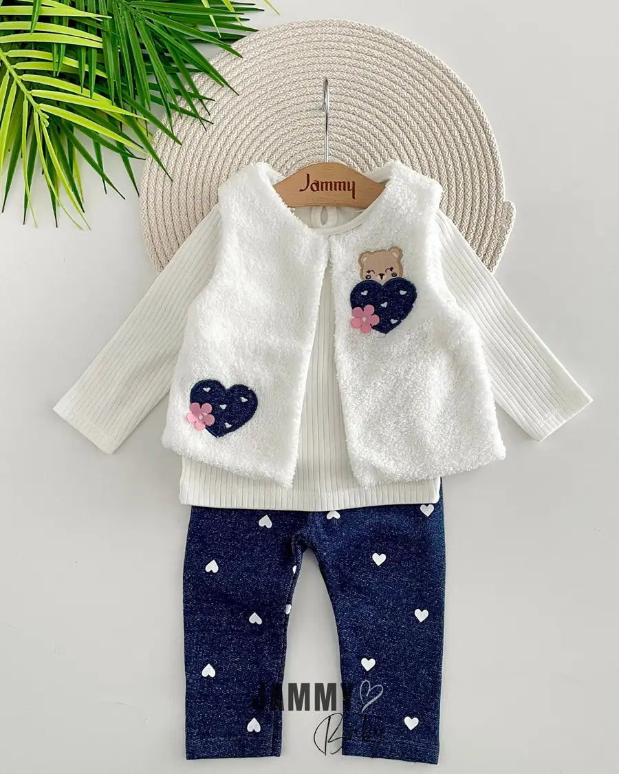 Teddy Bear Plush Vest/Denim Tights 3-Piece Set-WHITE