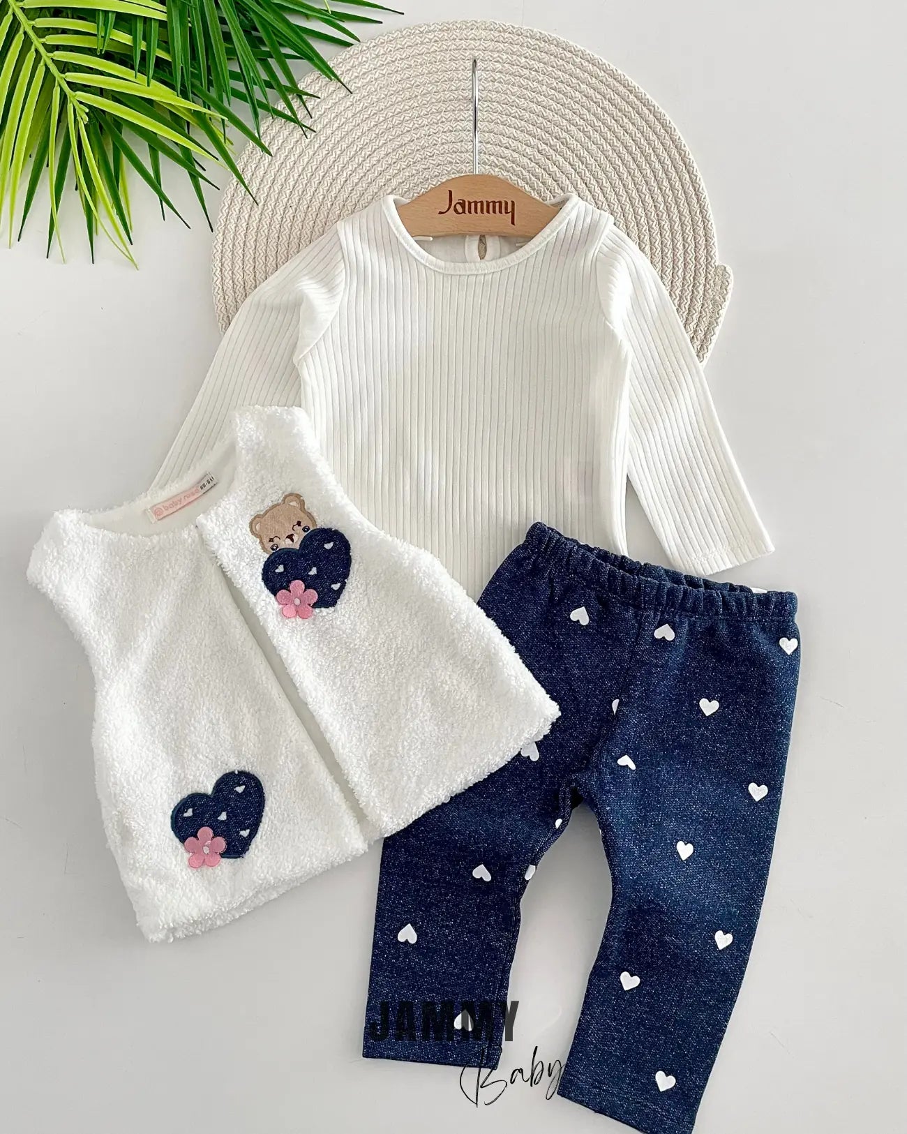 Teddy Bear Plush Vest/Denim Tights 3-Piece Set-WHITE