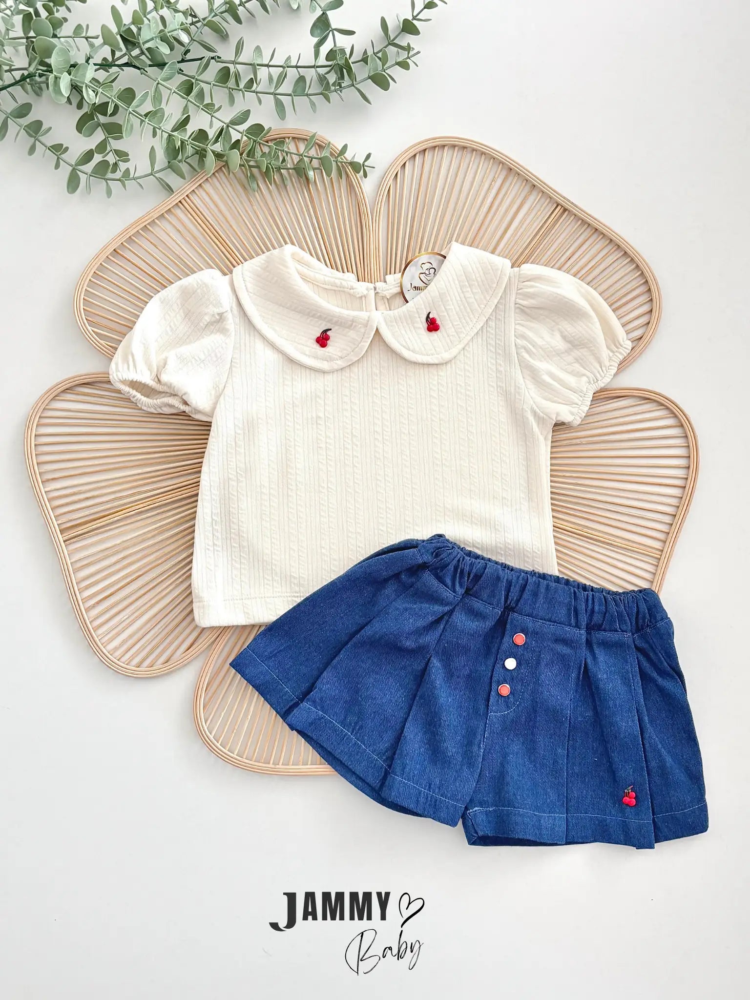 Cherry Baby Collar Blouse & Denim Shorts Set