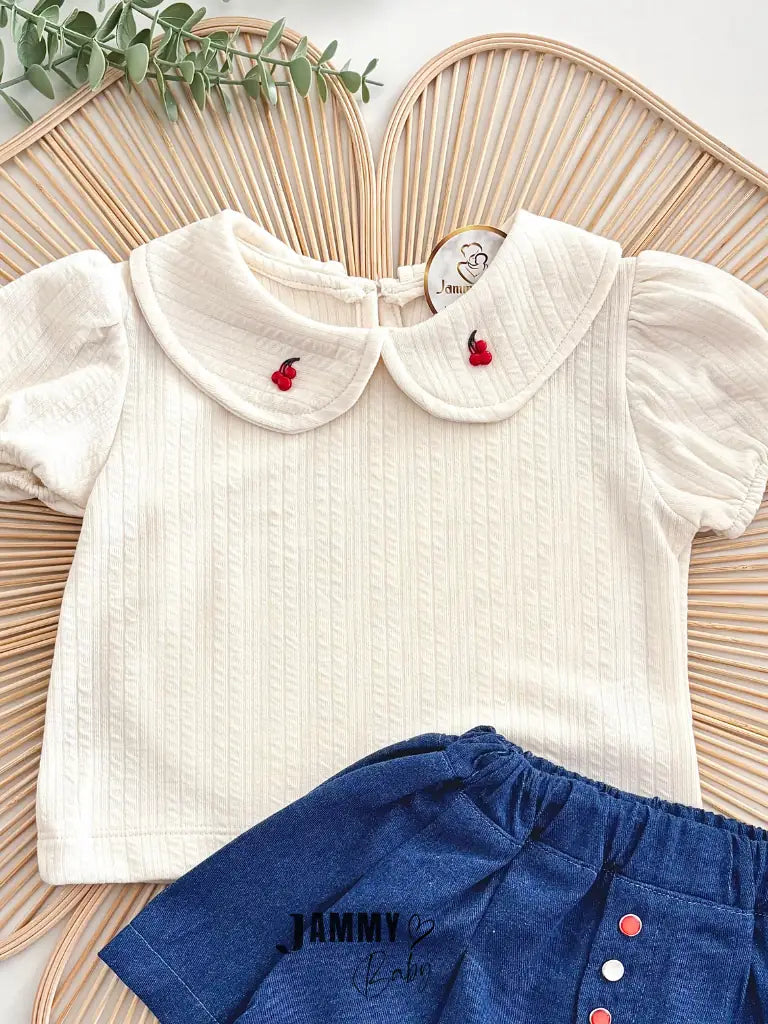 Cherry Baby Collar Blouse & Denim Shorts Set