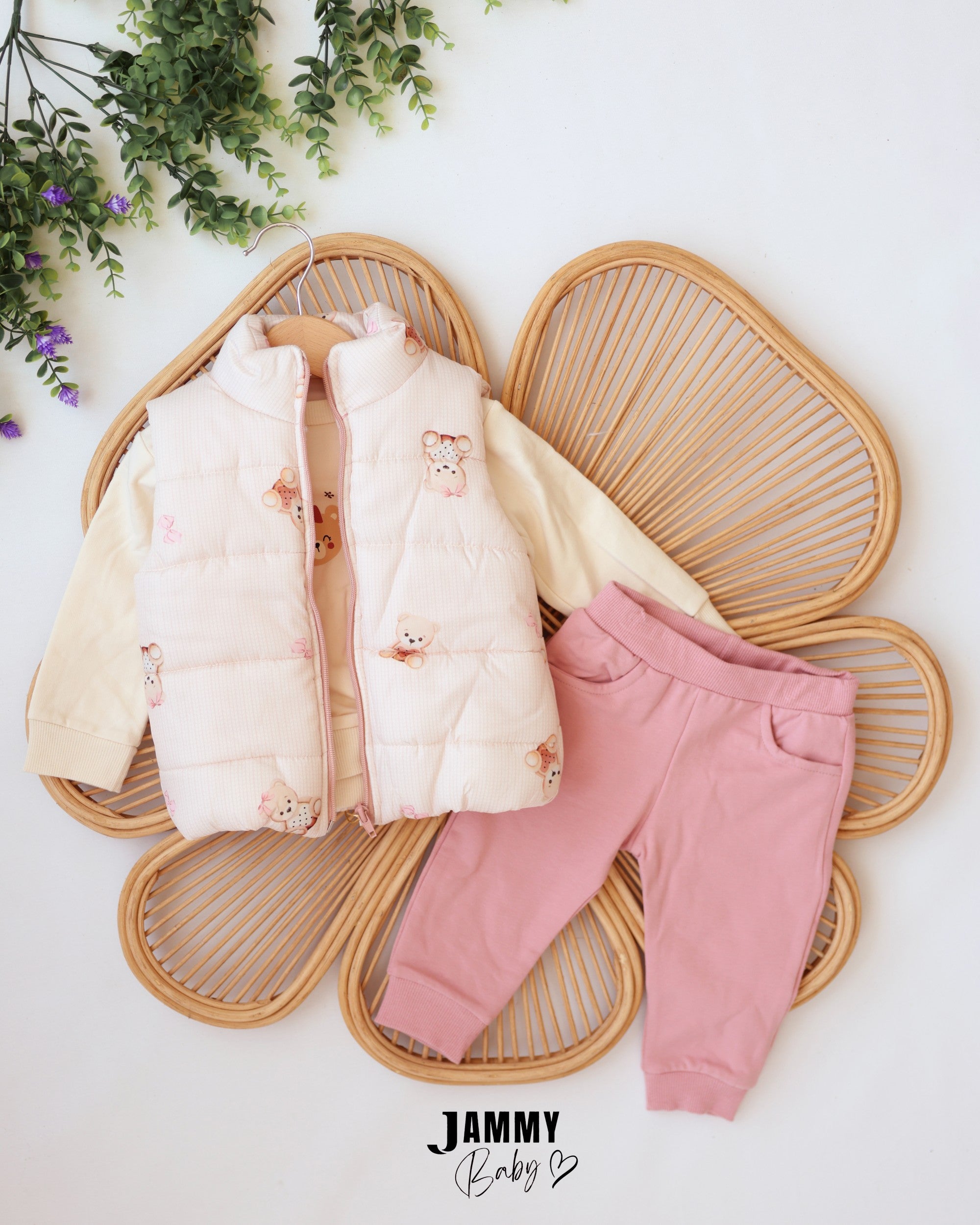 Love Teddy Puffer Vest 3-Piece Baby Girl Set - Cream & Dusty Pink