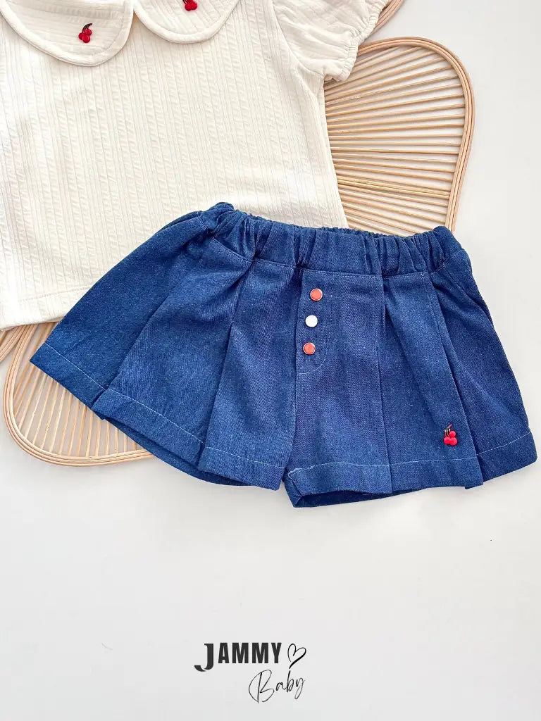 Cherry Baby Collar Blouse & Denim Shorts Set