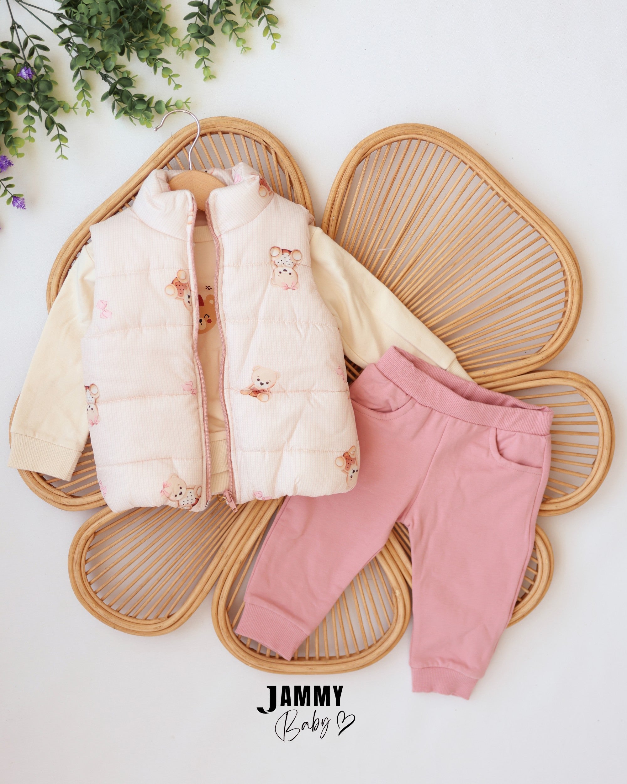 Love Teddy Puffer Vest 3-Piece Baby Girl Set - Cream & Dusty Pink
