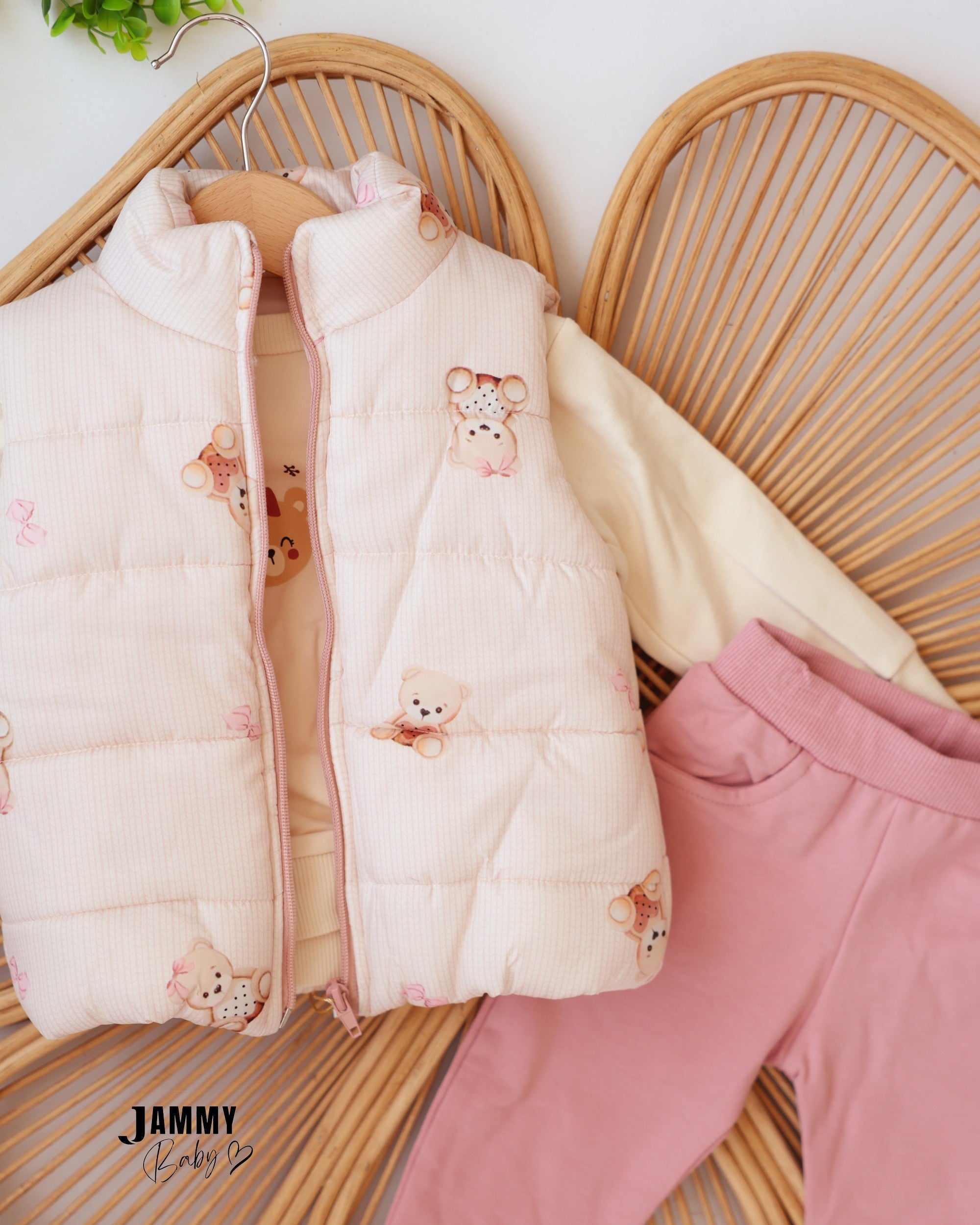 Love Teddy Puffer Vest 3-Piece Baby Girl Set - Cream & Dusty Pink