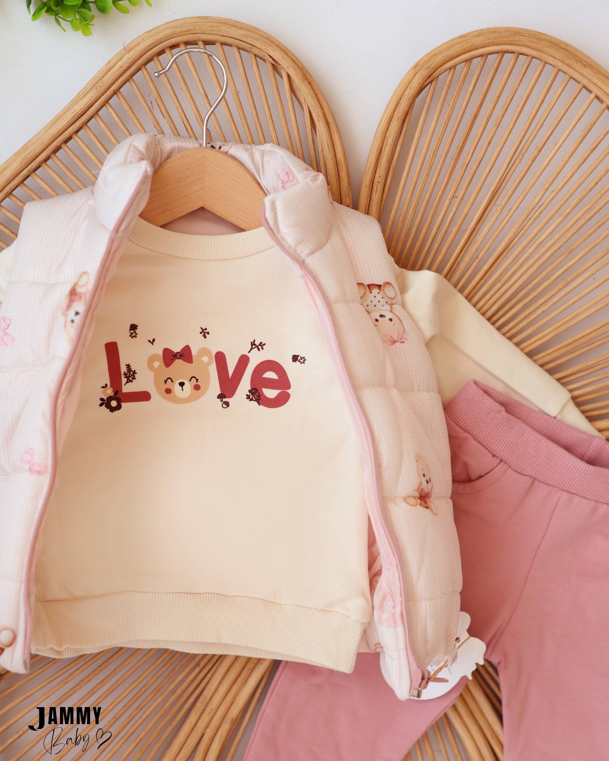 Love Teddy Puffer Vest 3-Piece Baby Girl Set - Cream & Dusty Pink