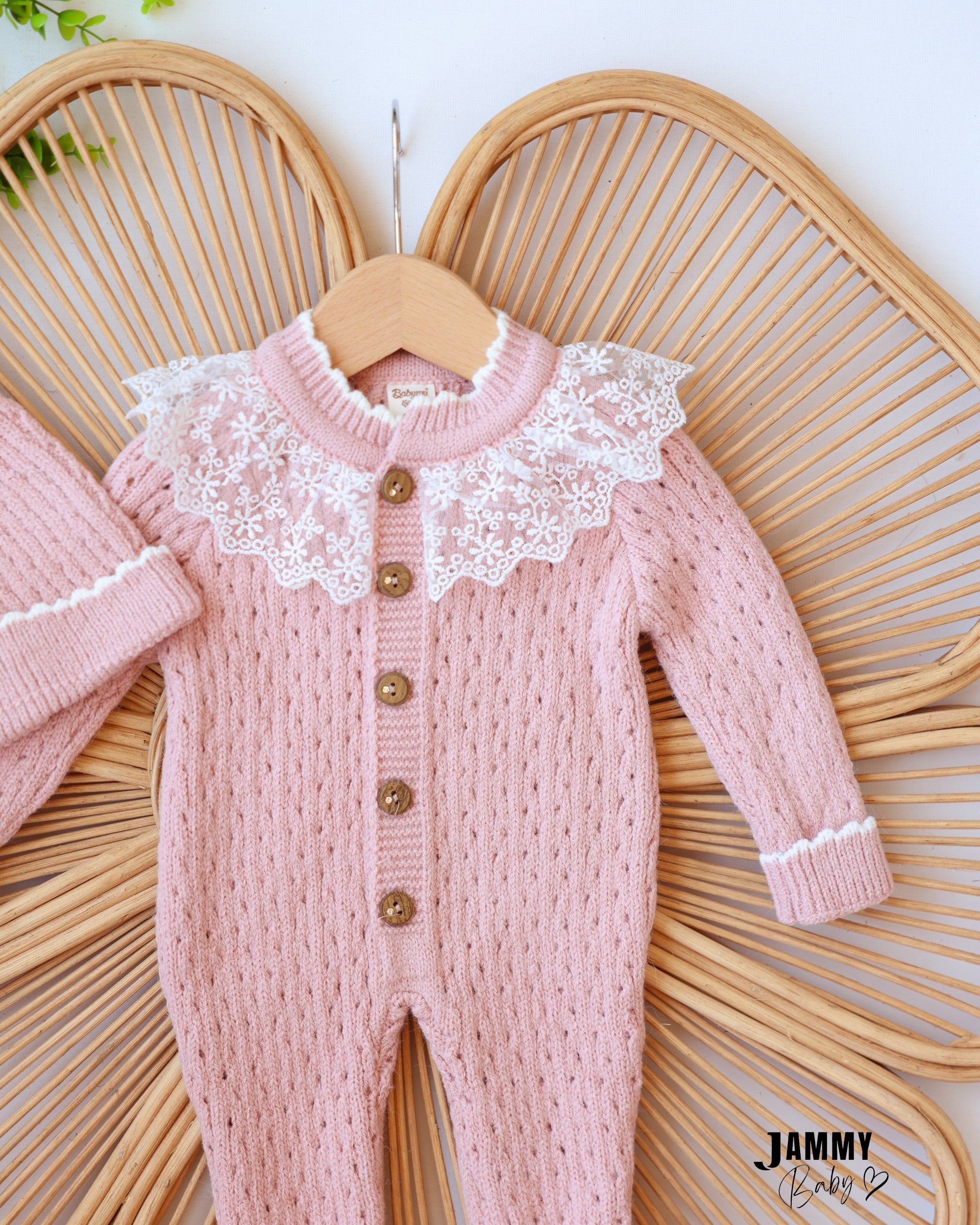 Lace Collar Knit Jumpsuit & Beanie Set - Dusty Pink