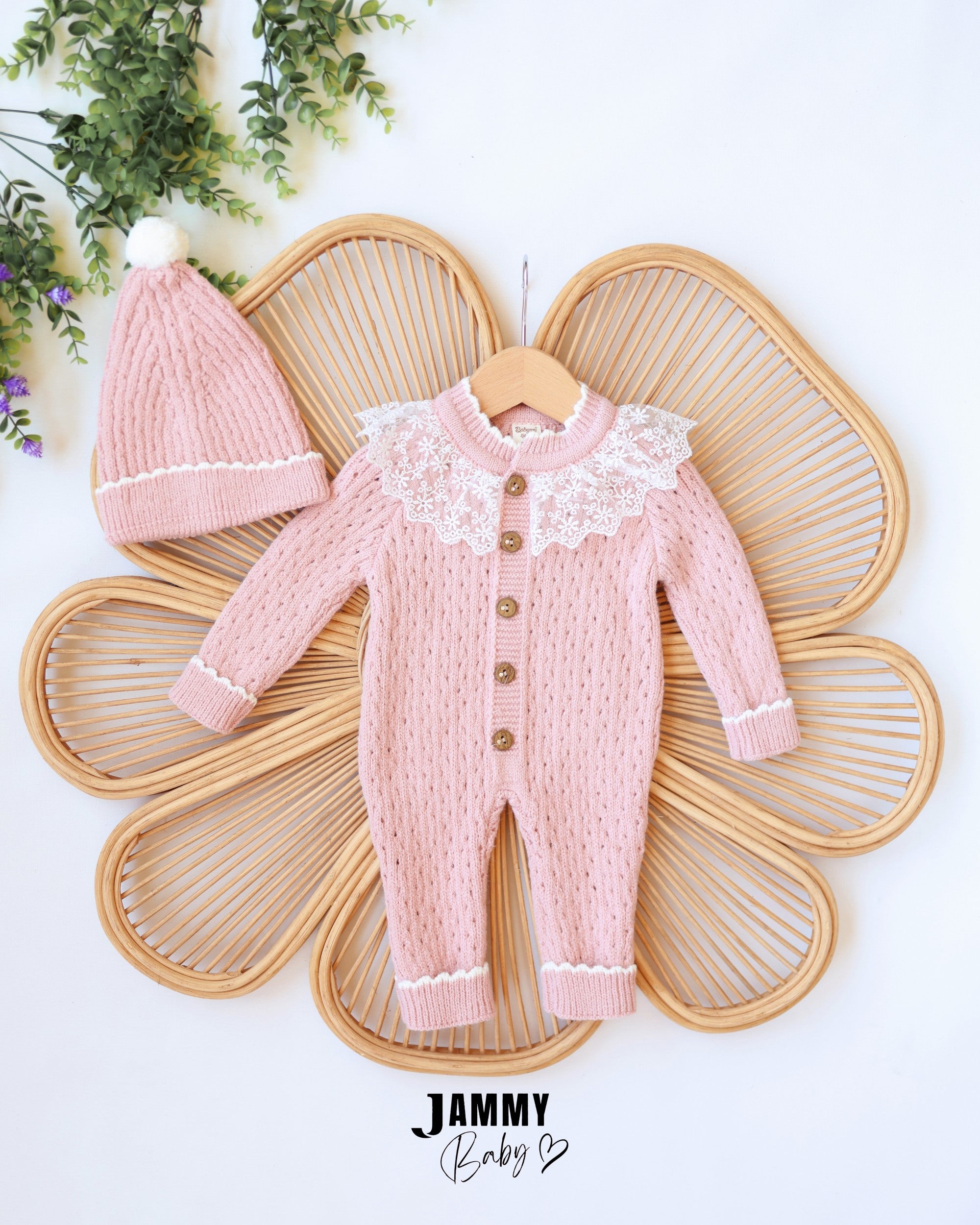 Lace Collar Knit Jumpsuit & Beanie Set - Dusty Pink