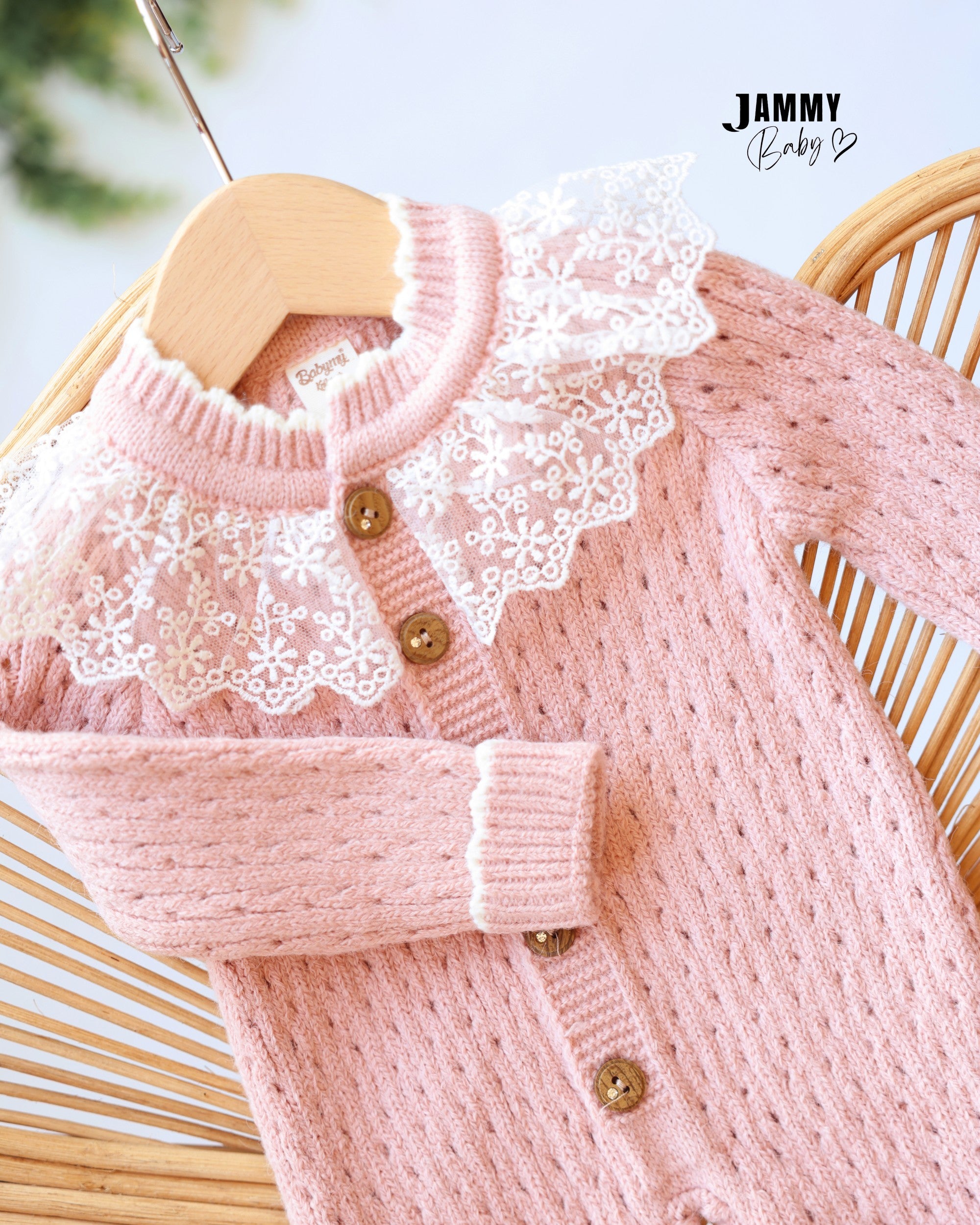 Lace Collar Knit Jumpsuit & Beanie Set - Dusty Pink