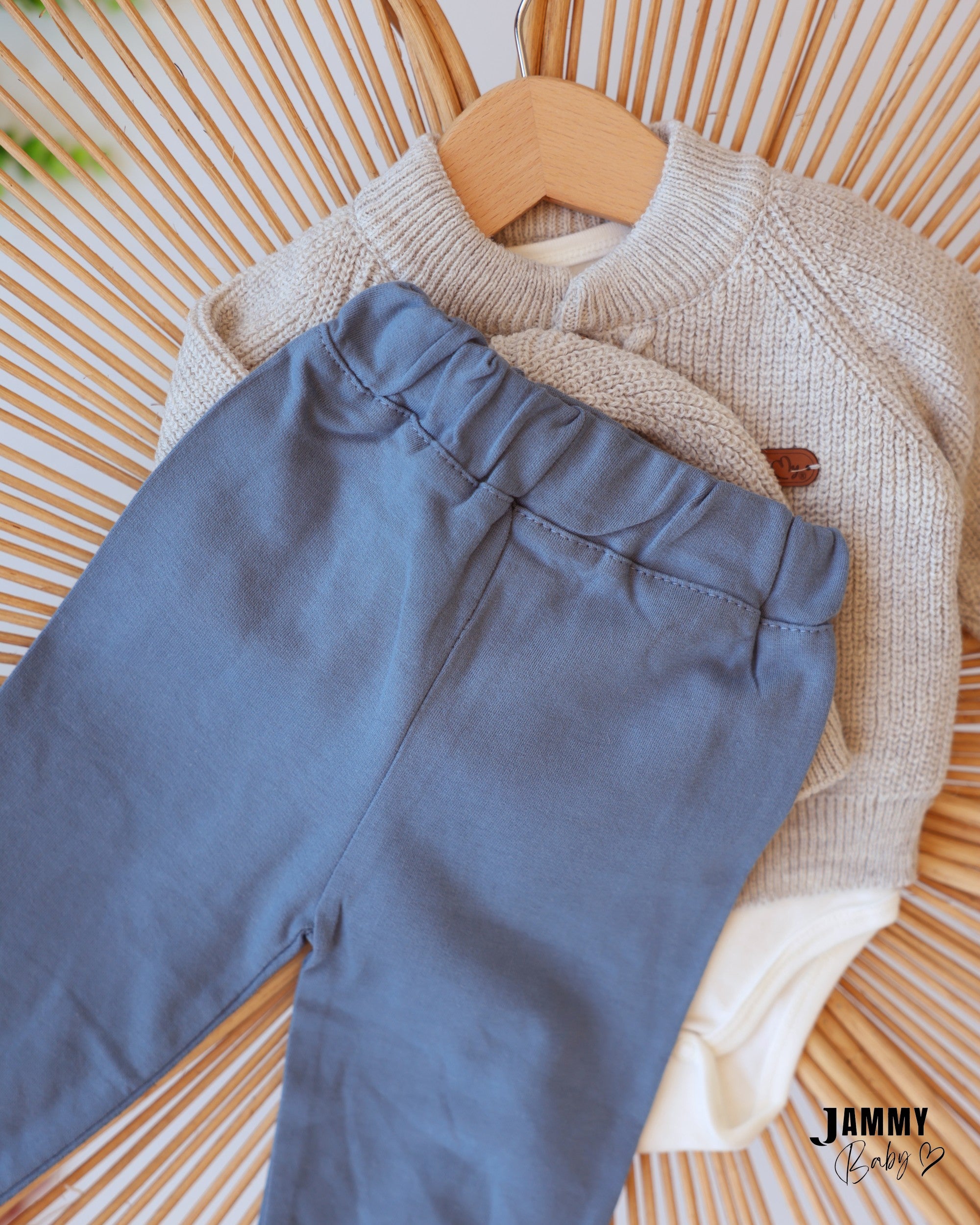 Knit Cardigan & Pants Set - Light Grey & Dusty Blue