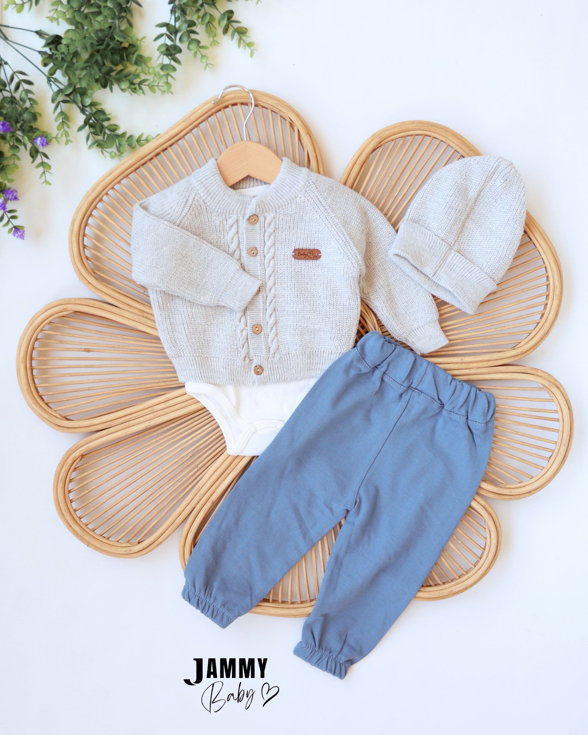Knit Cardigan & Pants Set - Light Grey & Dusty Blue