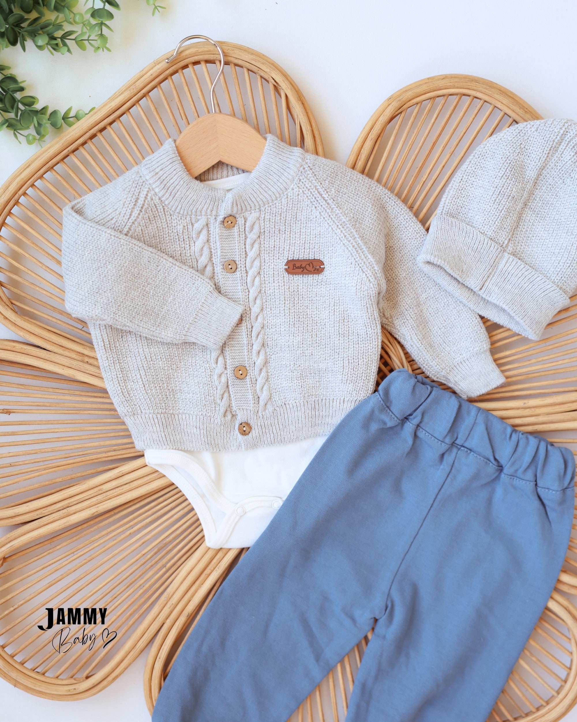 Knit Cardigan & Pants Set - Light Grey & Dusty Blue