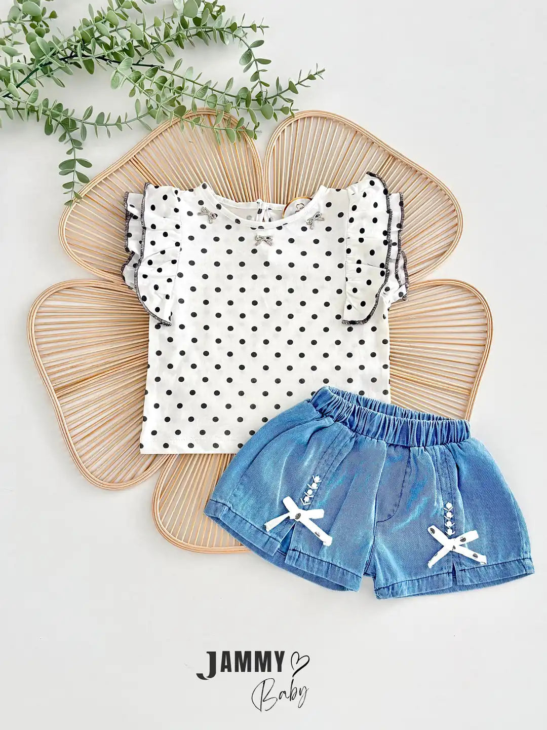 Jessie Polka Dot Ruffle Blouse & Denim Shorts Set