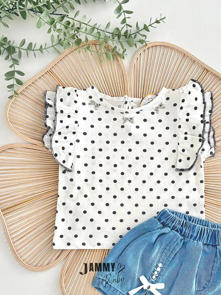 Jessie Polka Dot Ruffle Blouse & Denim Shorts Set