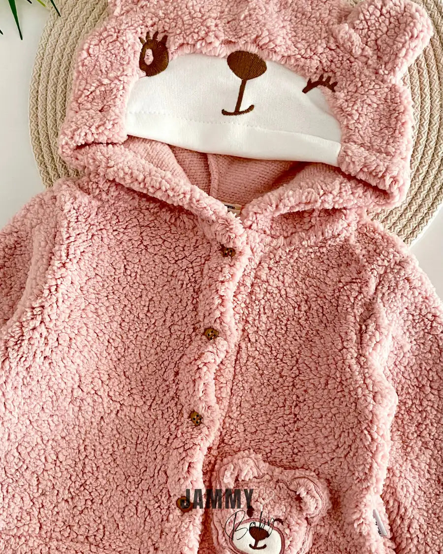 Simba Hooded Buttoned Plush Coat-Dry Rose