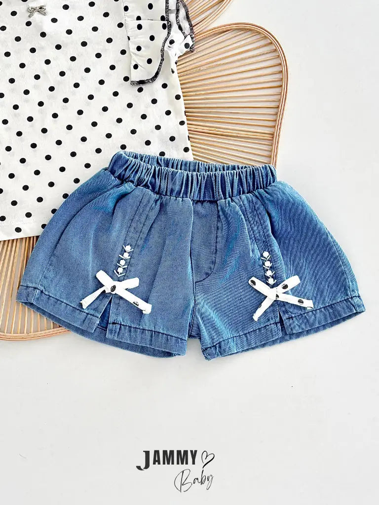 Jessie Polka Dot Ruffle Blouse & Denim Shorts Set