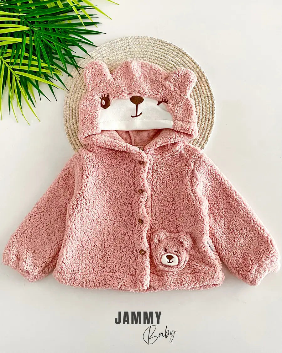 Simba Hooded Buttoned Plush Coat-Dry Rose