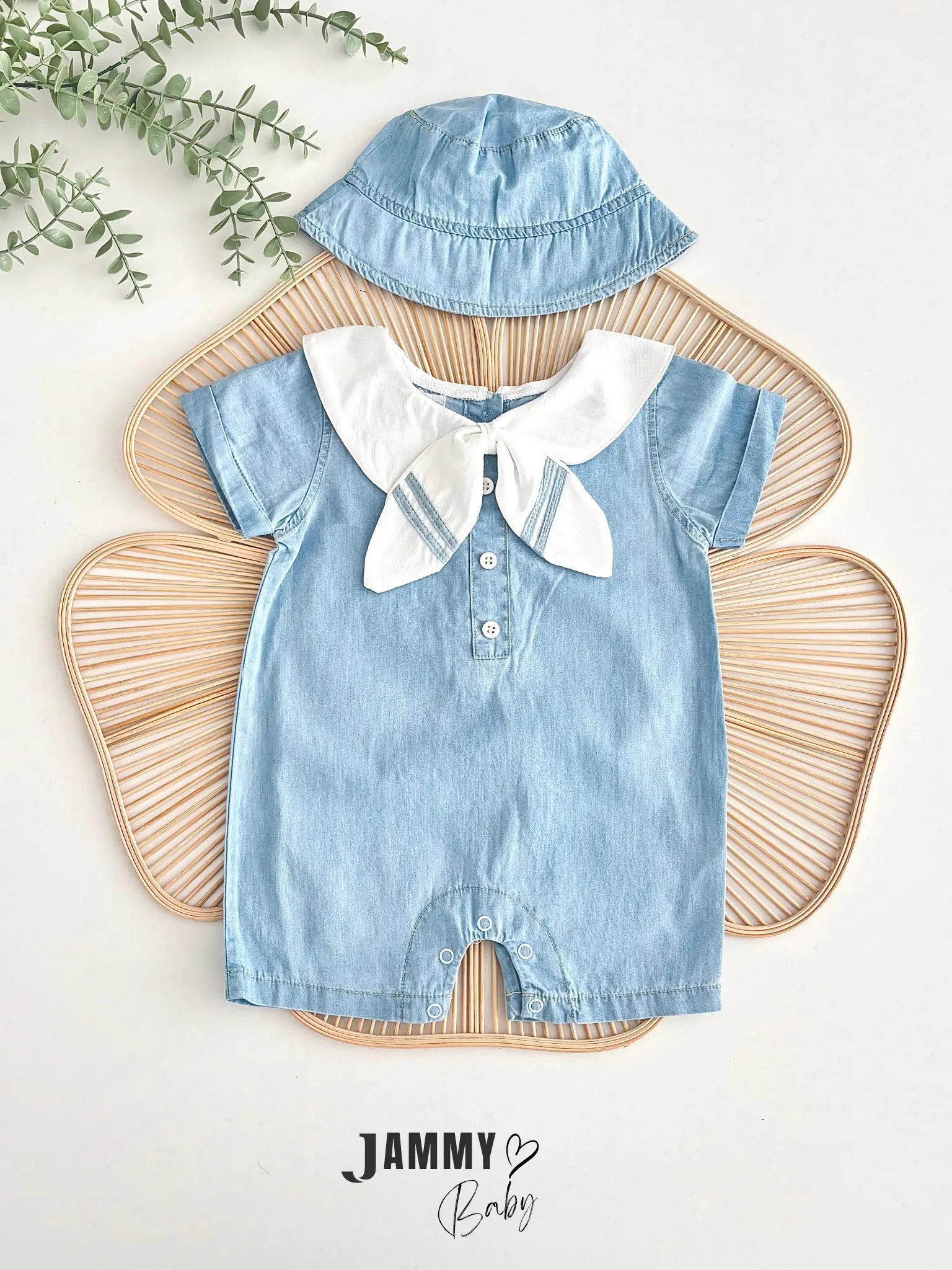 Sailor Collar Denim Jumpsuit & Bucket Hat Set