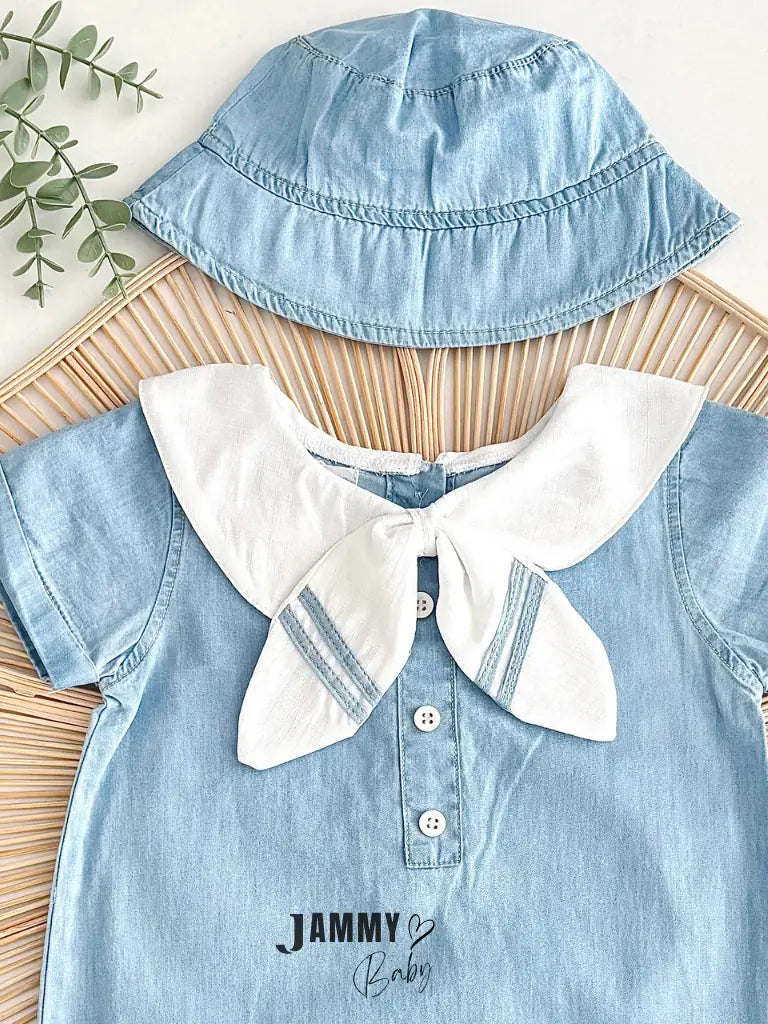 Sailor Collar Denim Jumpsuit & Bucket Hat Set