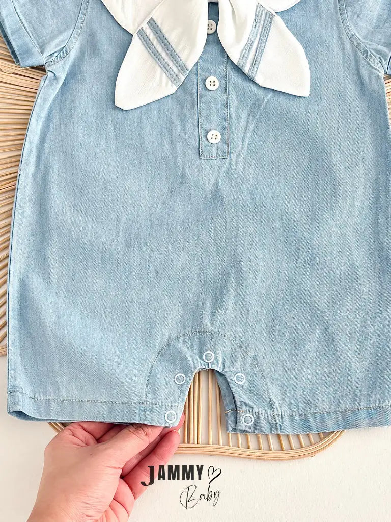 Sailor Collar Denim Jumpsuit & Bucket Hat Set