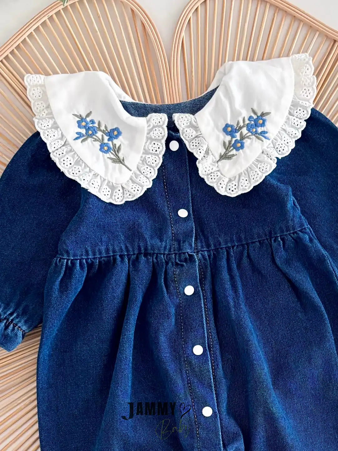 Jena Premium Vintage Embroidered Collar Lace Denim Jumpsuit – Navy Blue