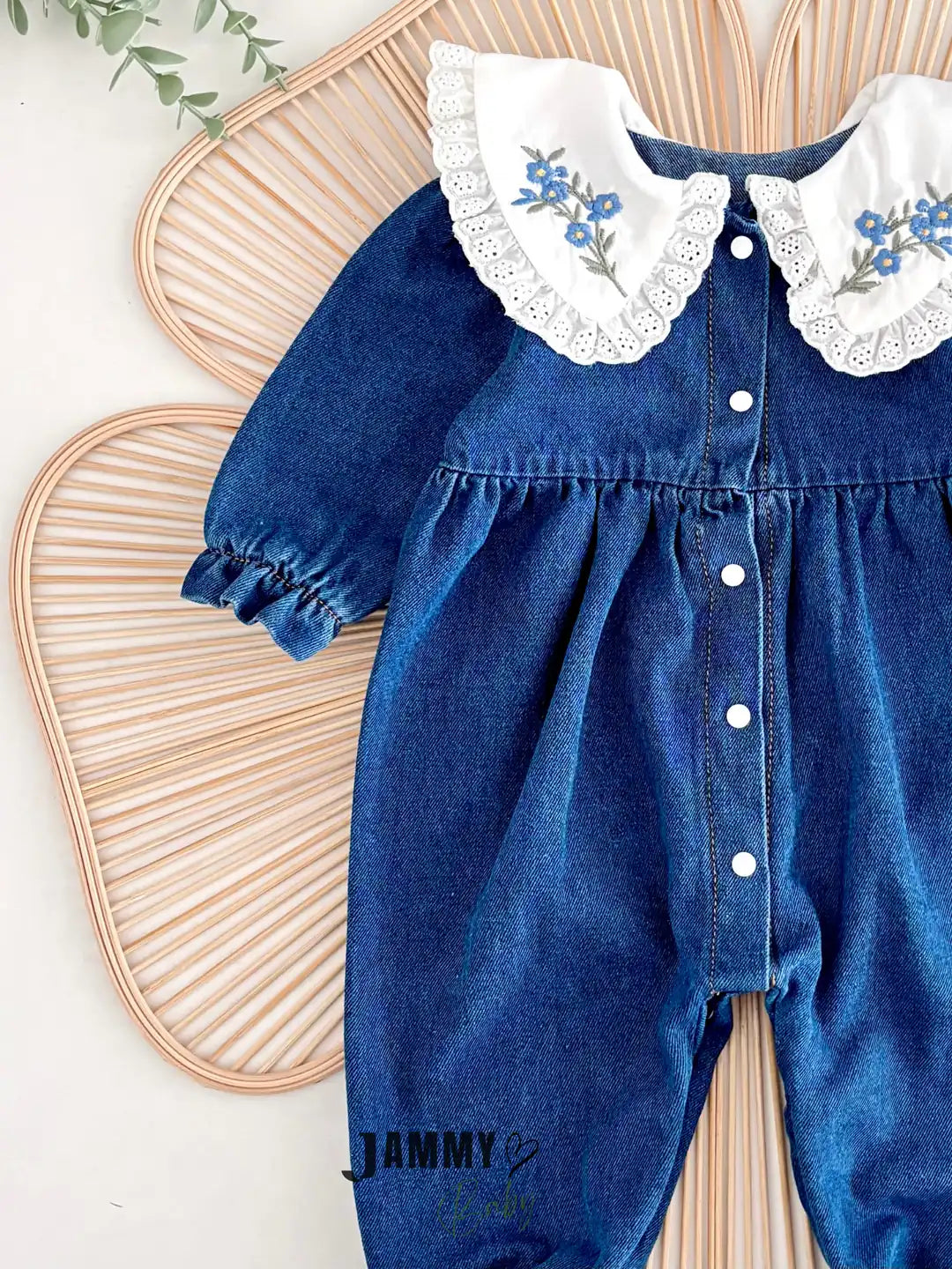 Jena Premium Vintage Embroidered Collar Lace Denim Jumpsuit – Navy Blue