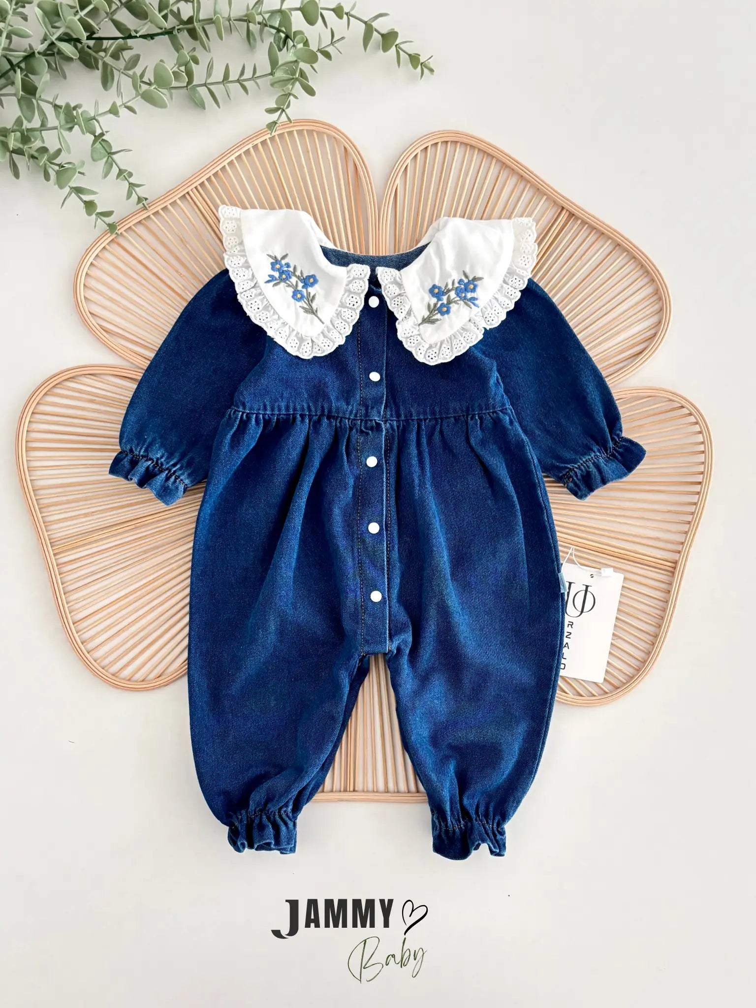 Jena Premium Vintage Embroidered Collar Lace Denim Jumpsuit – Navy Blue