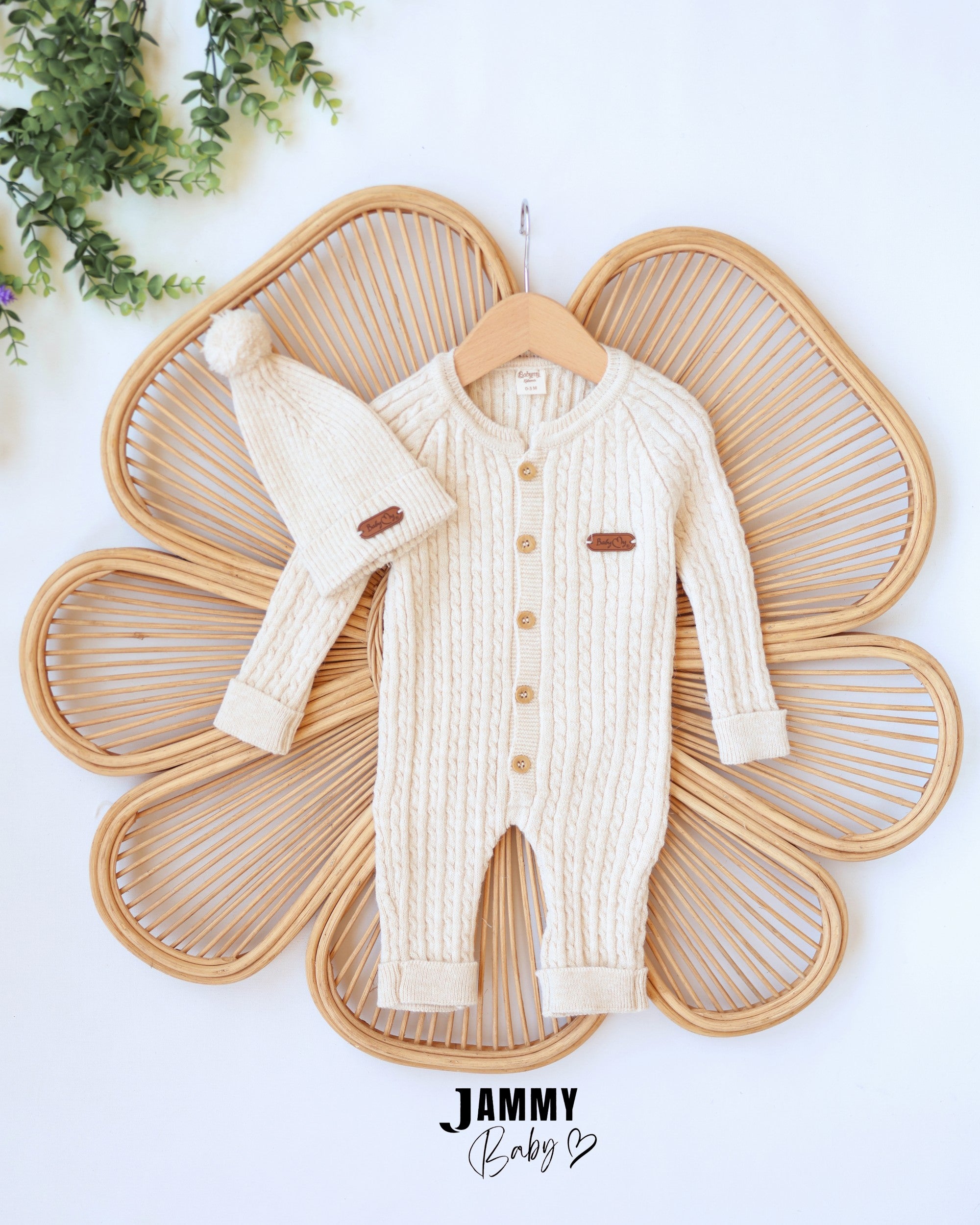 Cable Knit Jumpsuit & Beanie Set - Cream