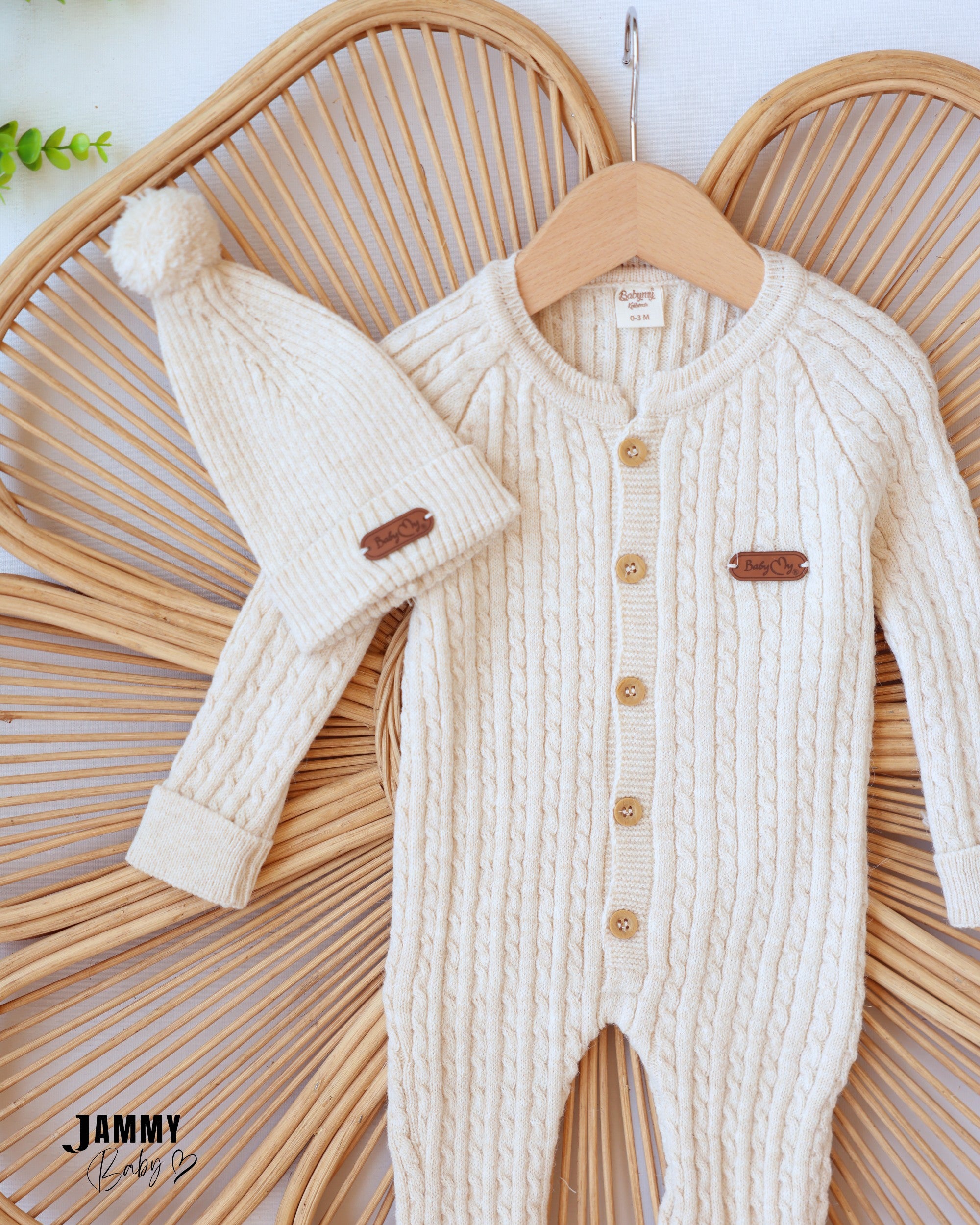Cable Knit Jumpsuit & Beanie Set - Cream