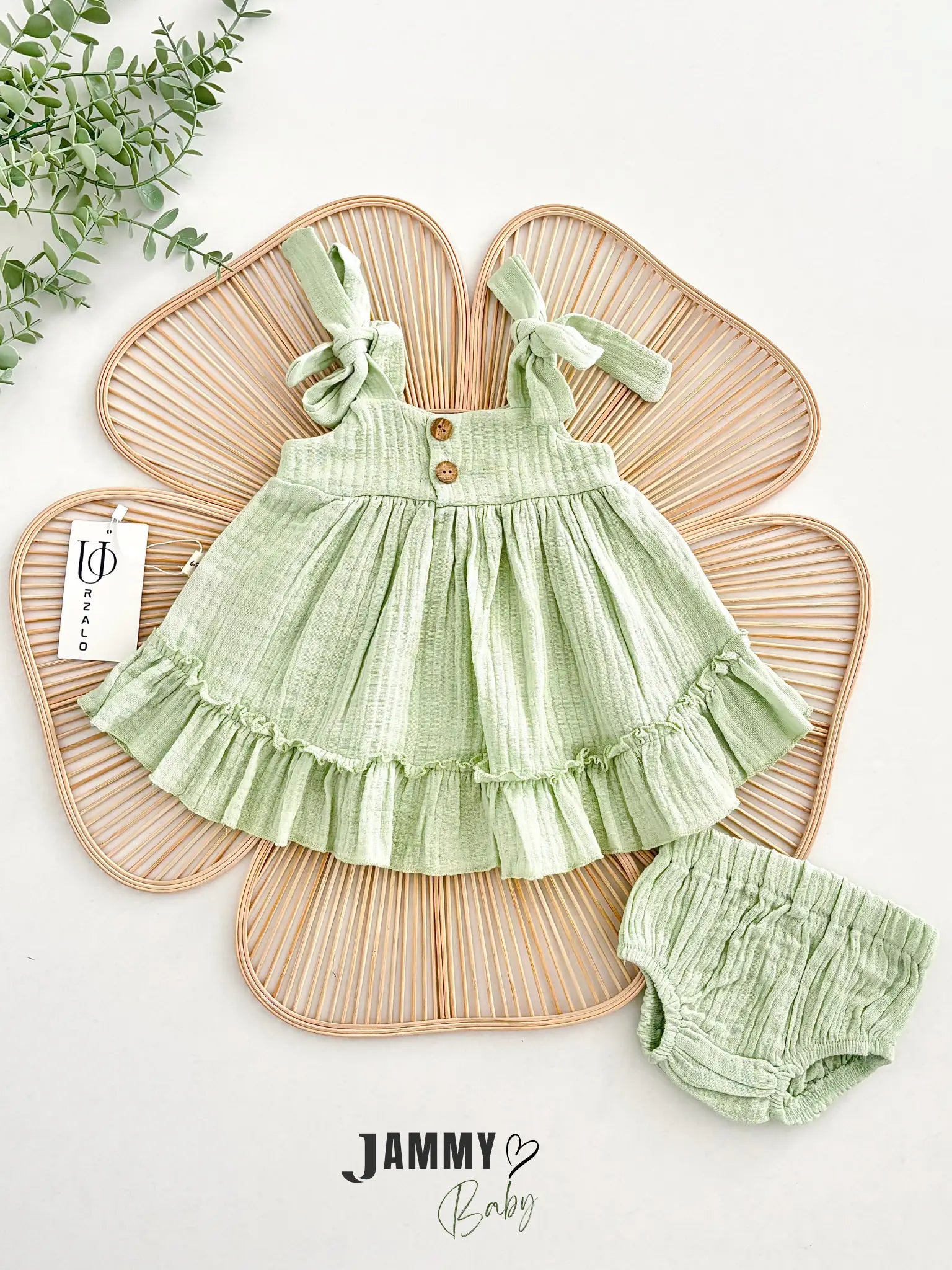 Ema Muslin Dress & Bloomers Set – Pistachio Green – Jammy Baby Lebanon