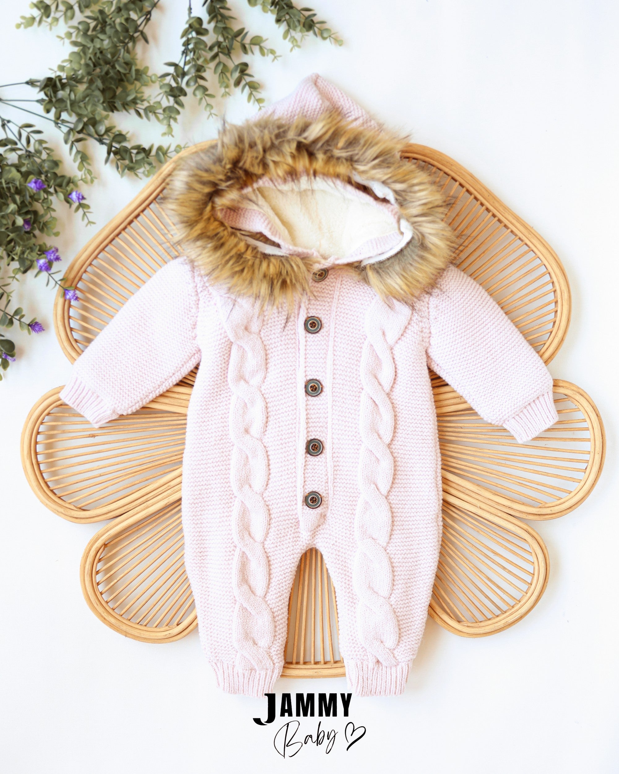 Faux Fur Hooded Knit Jumpsuit - Baby Pink