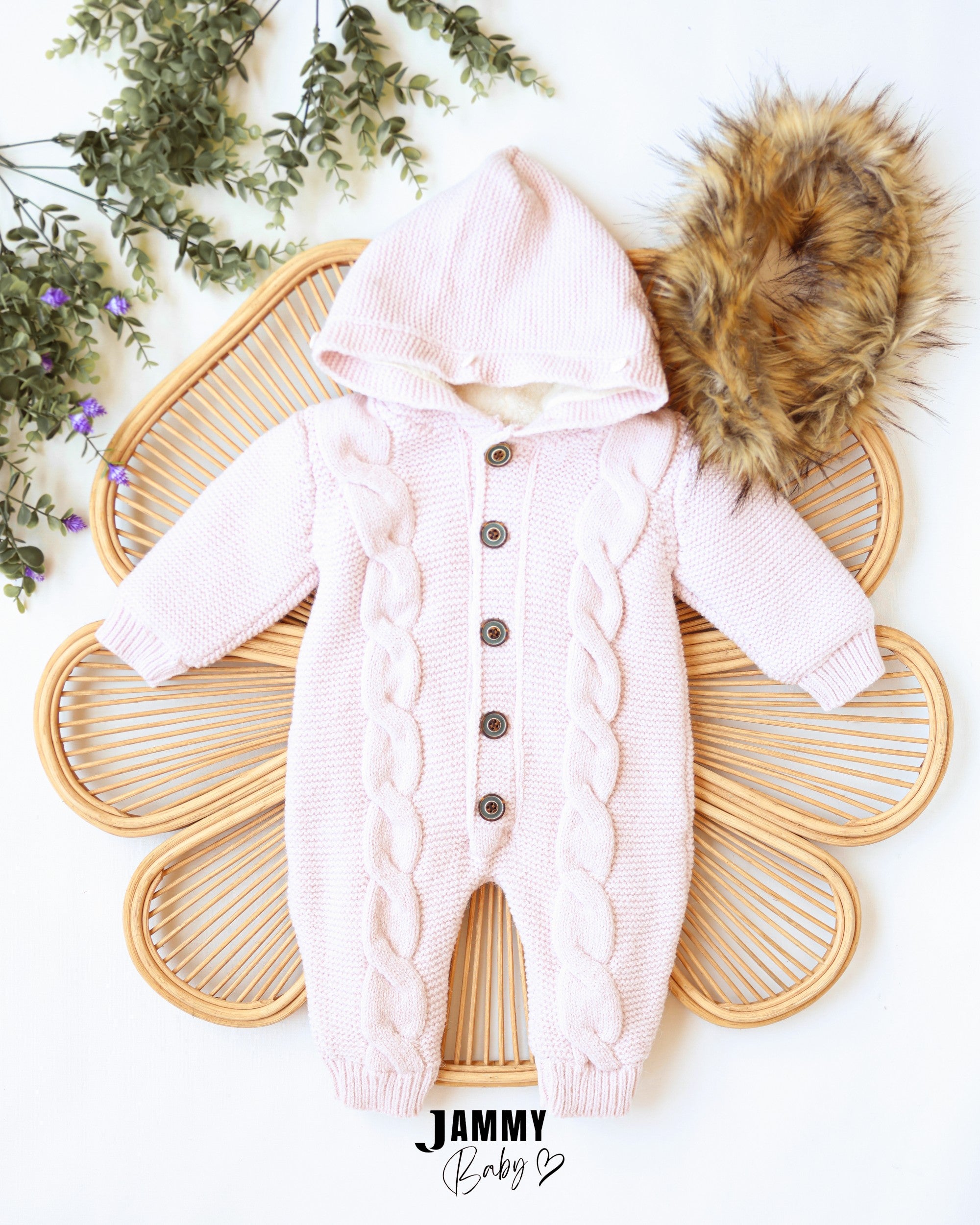 Faux Fur Hooded Knit Jumpsuit - Baby Pink