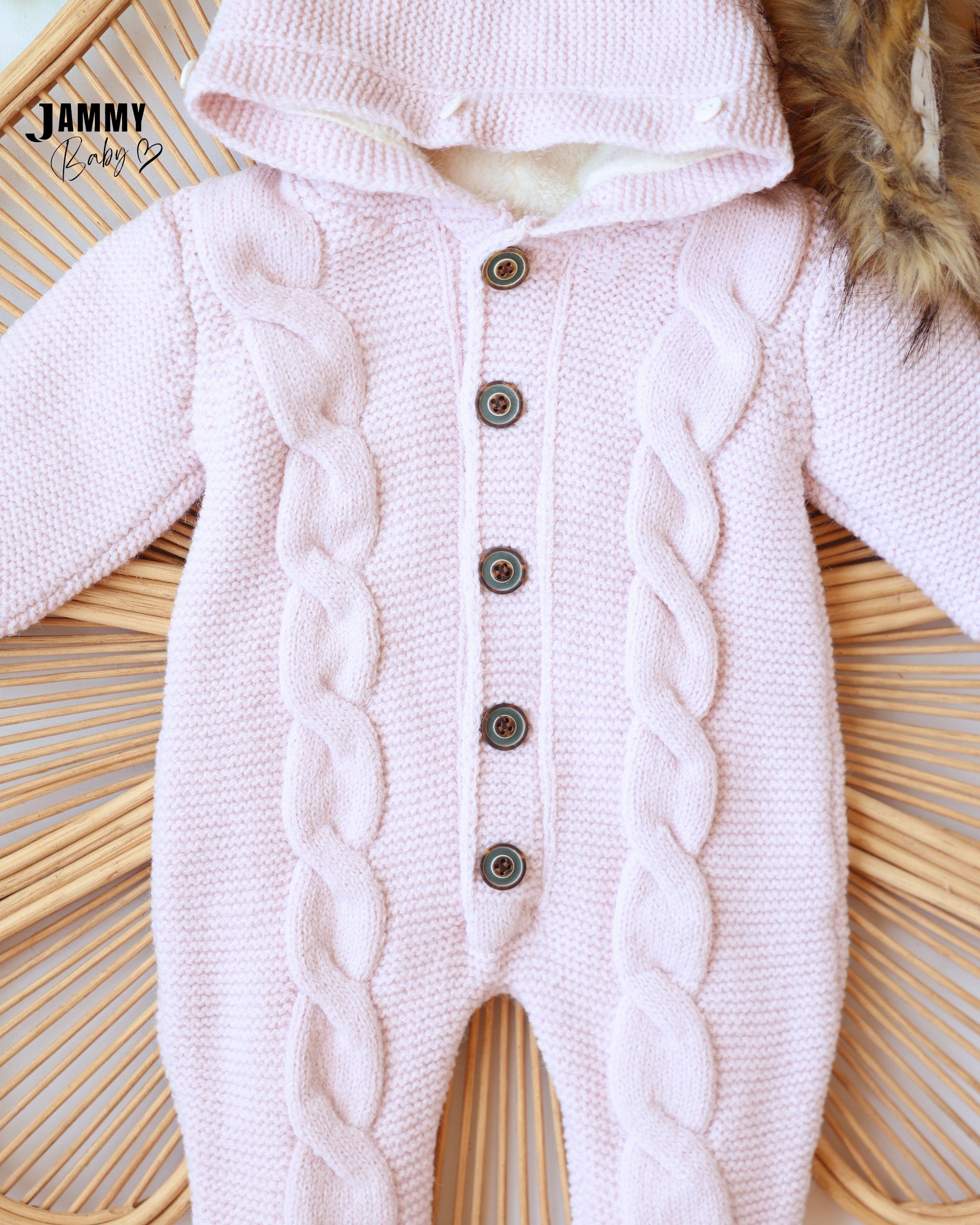 Faux Fur Hooded Knit Jumpsuit - Baby Pink
