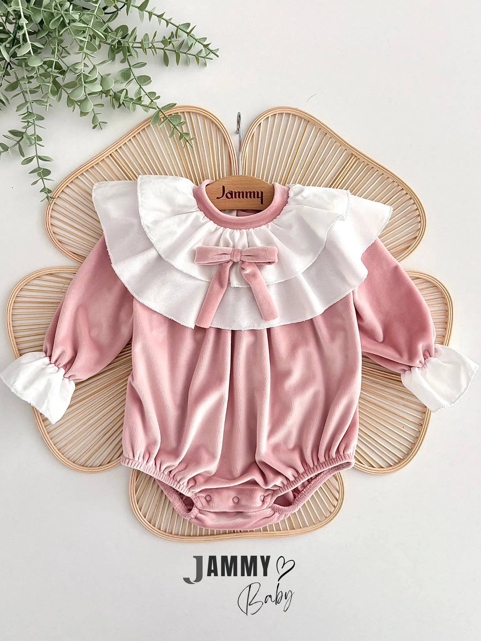 Briella Layered Ruffle-Collar Bow Soft Shiny Velvet Romper – PUDRA (Dusty Pink)