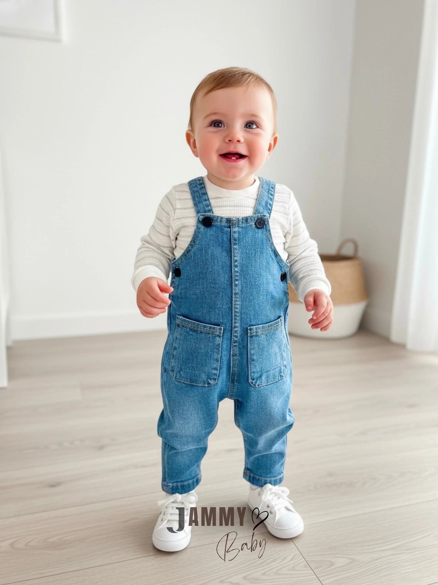 Button-Detail Denim Overall / Striped Bodysuit Set – DENIM