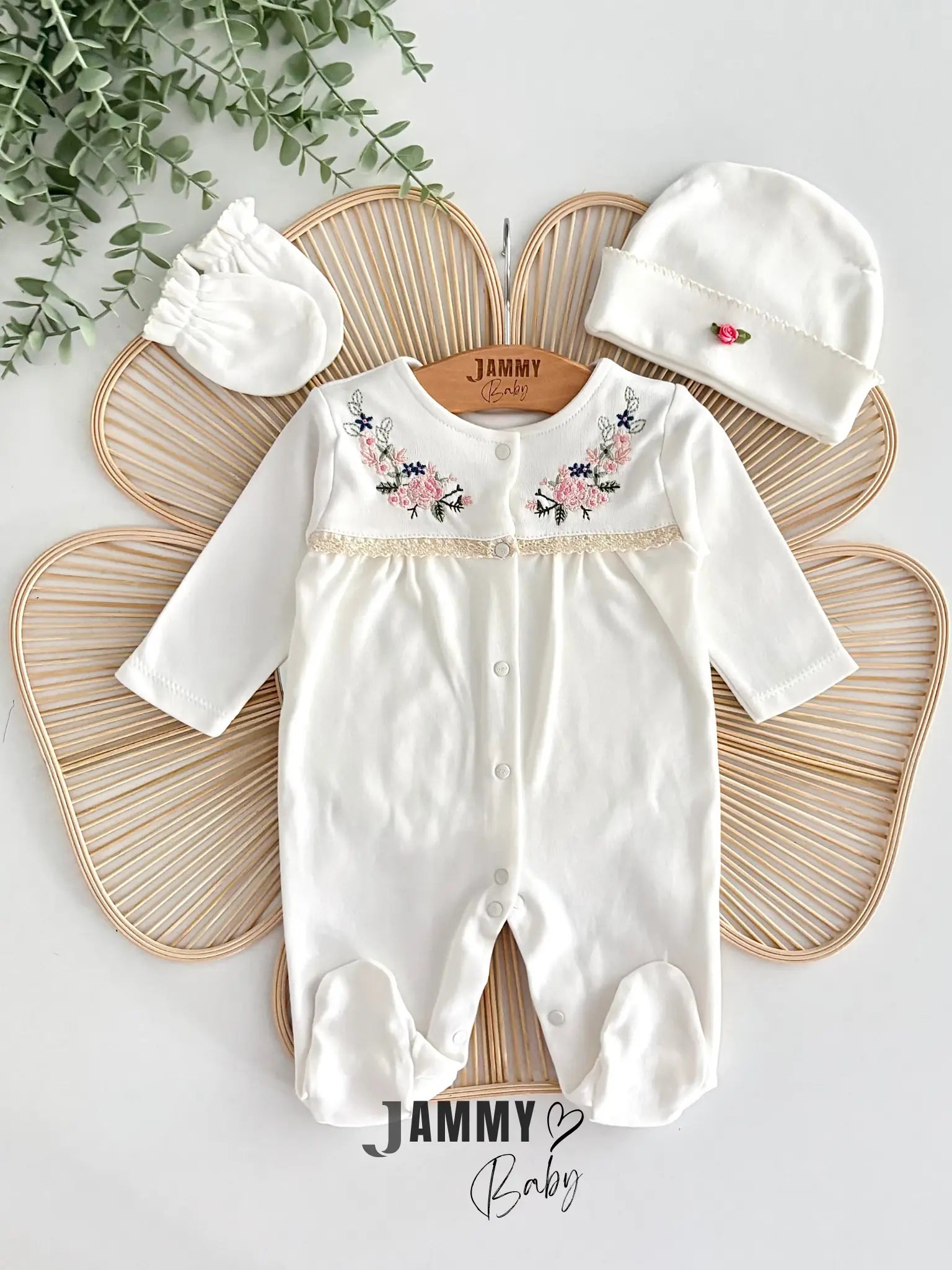 Floral Embroidered Hat Romper Set - Ecru