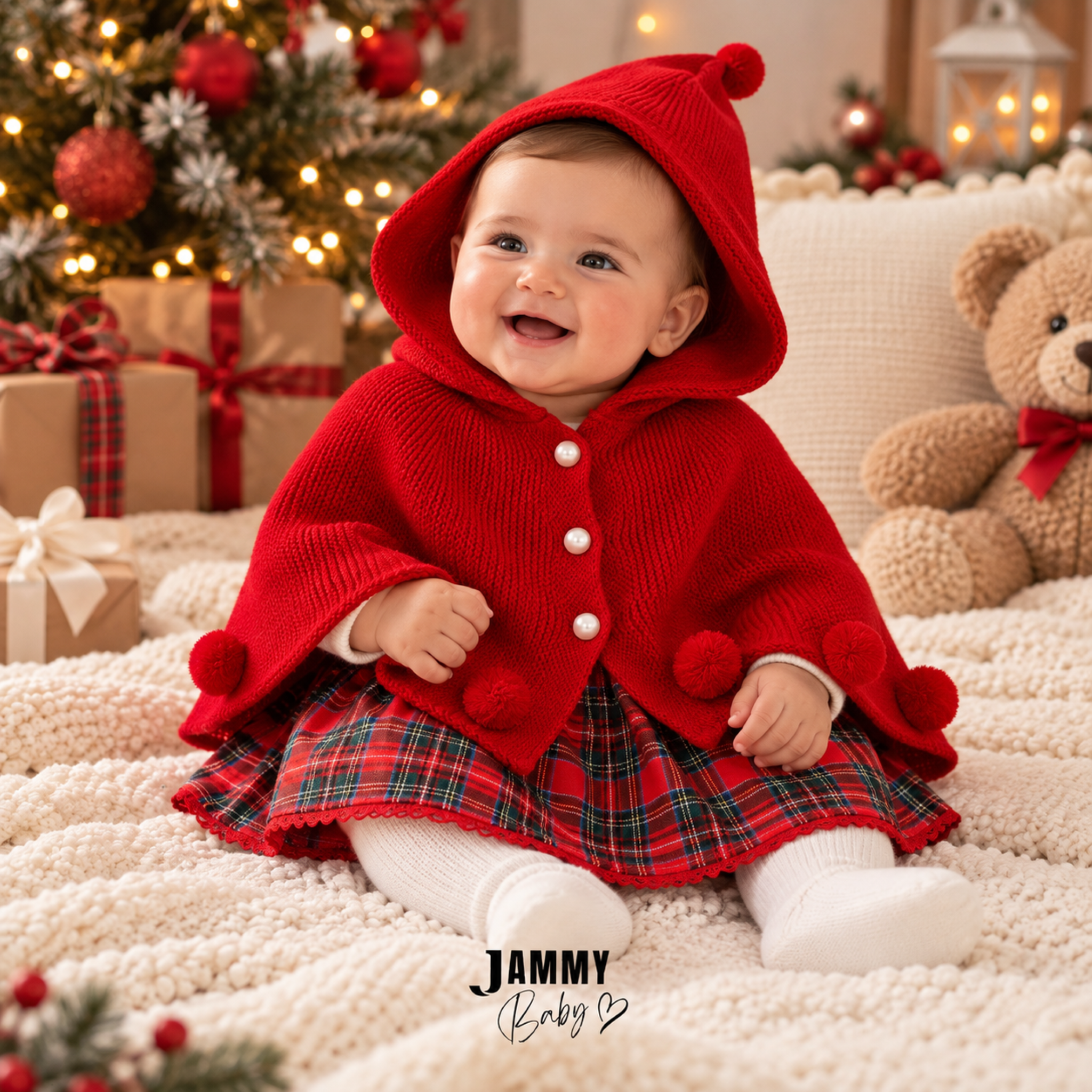Red Knitted Hooded Cape & Plaid Dress Set - Red