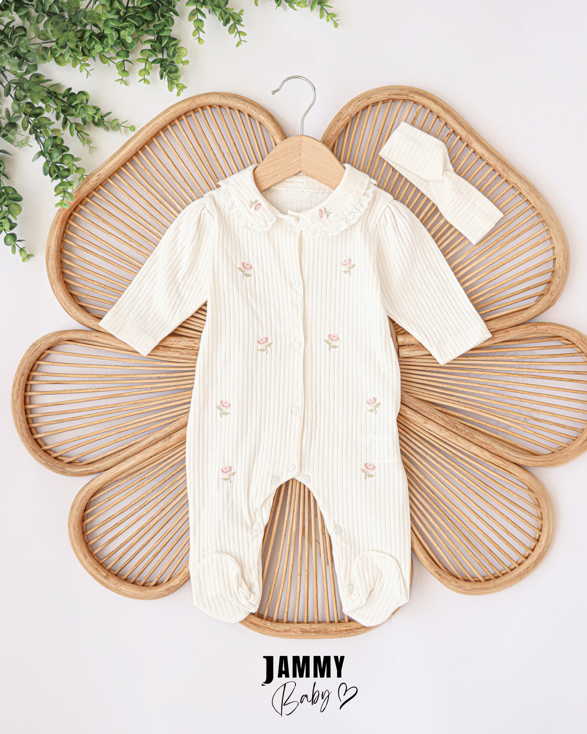 Ribbed Rose Embroidered Footed Romper & Headband Set – White