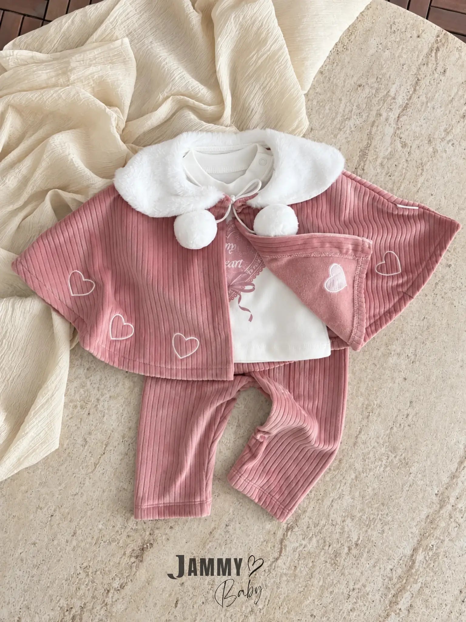 Valerie Heart Patterned Cape Bodysuit & Pants 3-Piece Set - Rose Pink