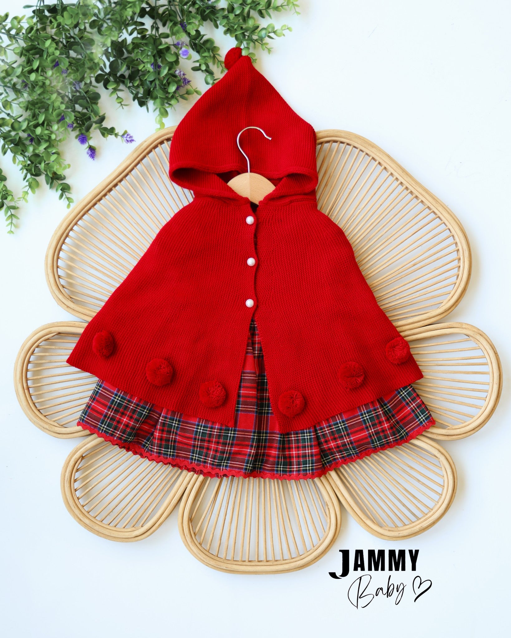 Red Knitted Hooded Cape & Plaid Dress Set - Red