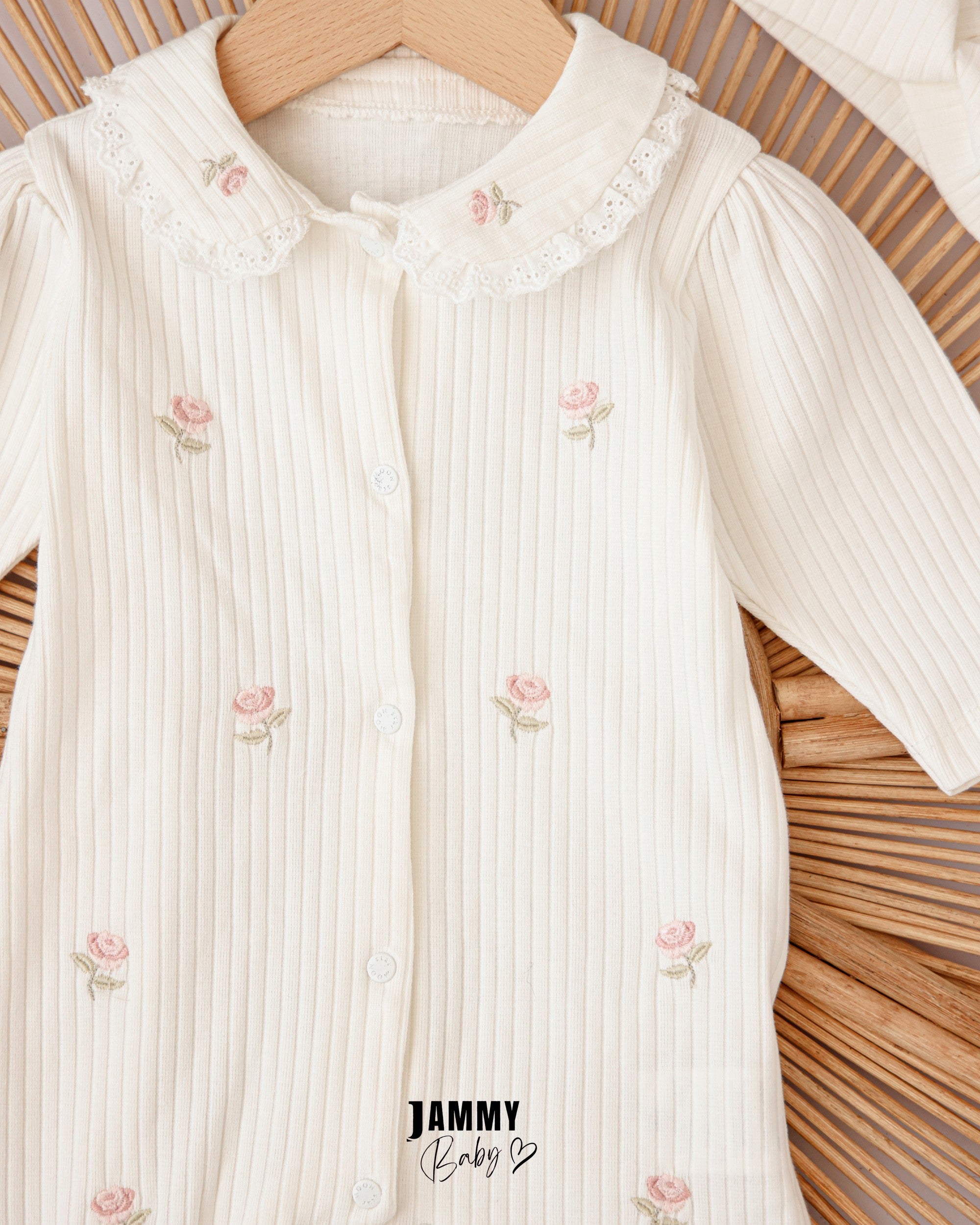 Ribbed Rose Embroidered Footed Romper & Headband Set – White