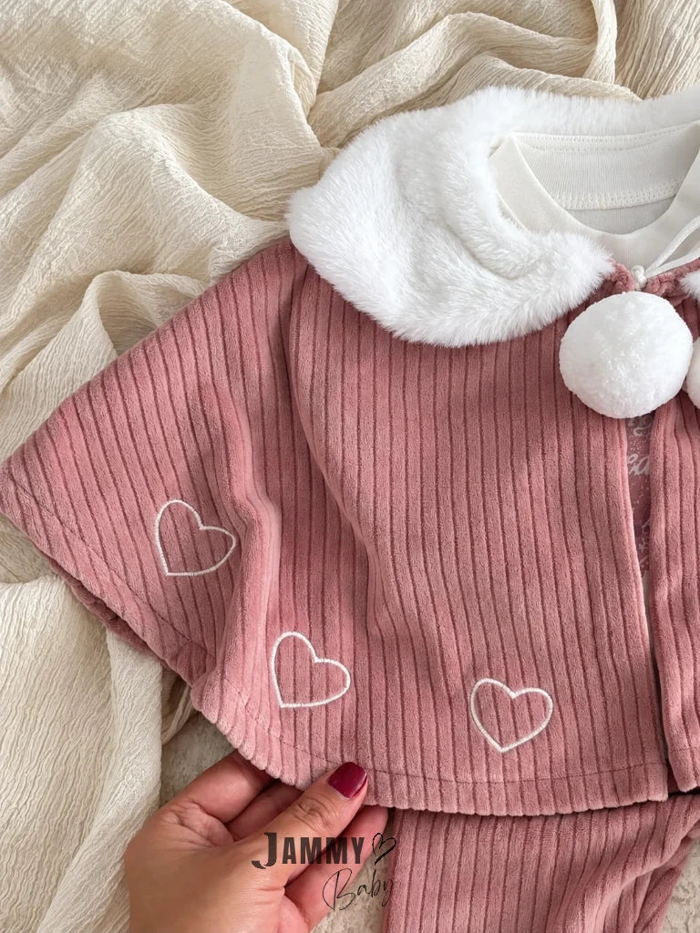 Valerie Heart Patterned Cape Bodysuit & Pants 3-Piece Set - Rose Pink