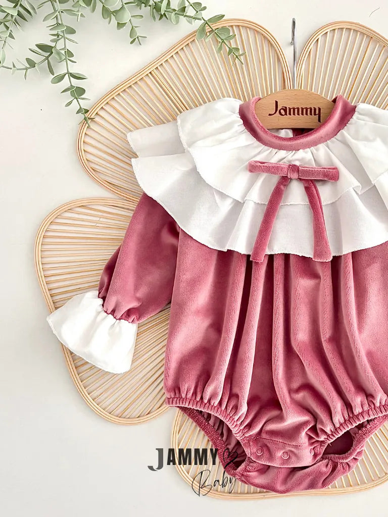 Briella Layered Ruffle-Collar Bow Soft Shiny Velvet Romper – DUSTY ROSE
