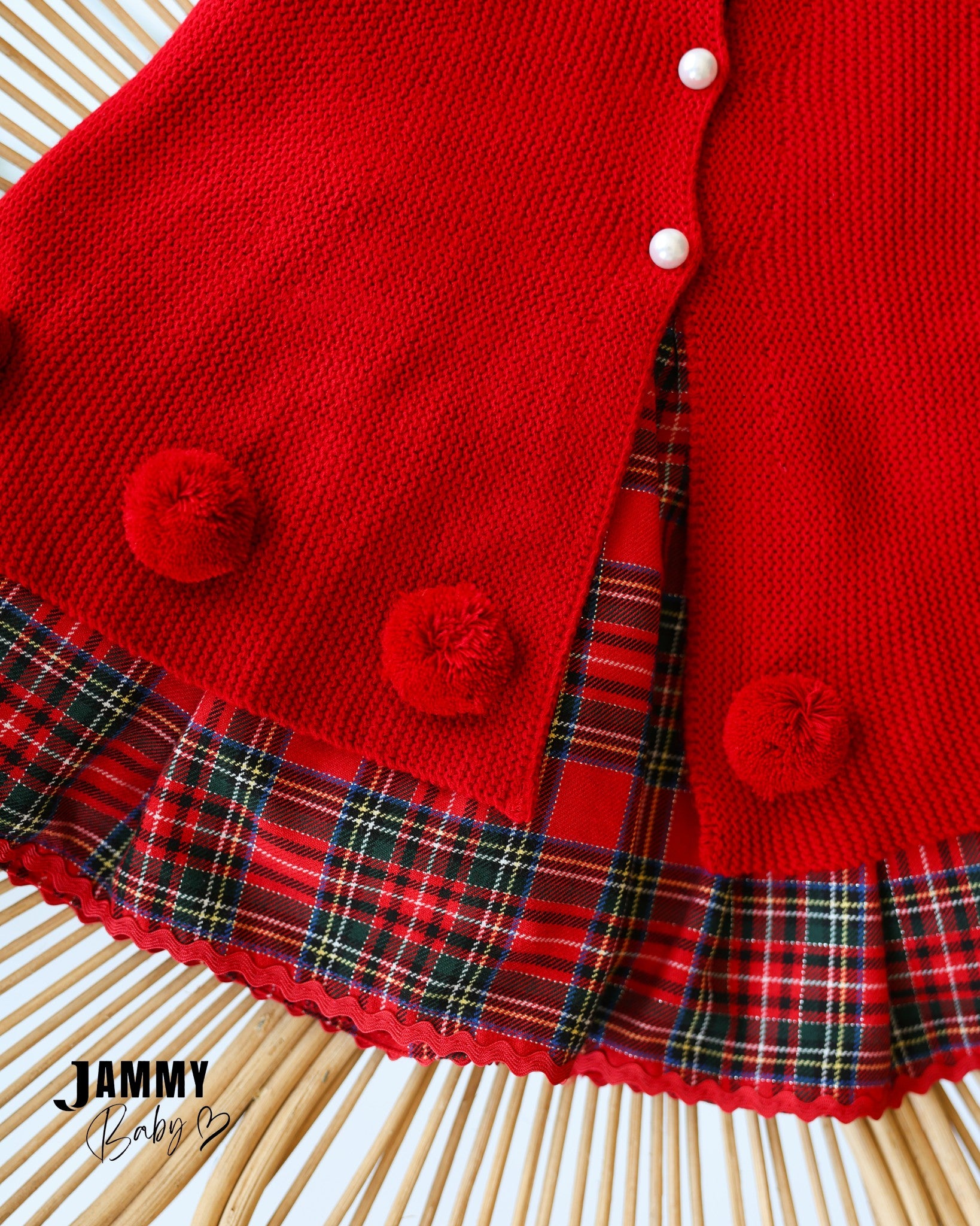 Red Knitted Hooded Cape & Plaid Dress Set - Red