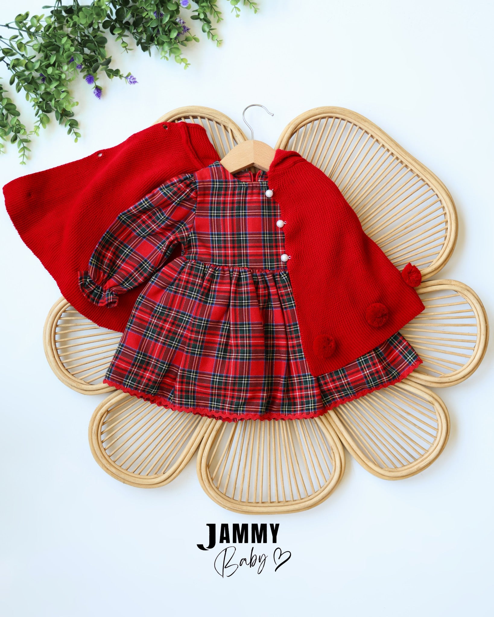 Red Knitted Hooded Cape & Plaid Dress Set - Red