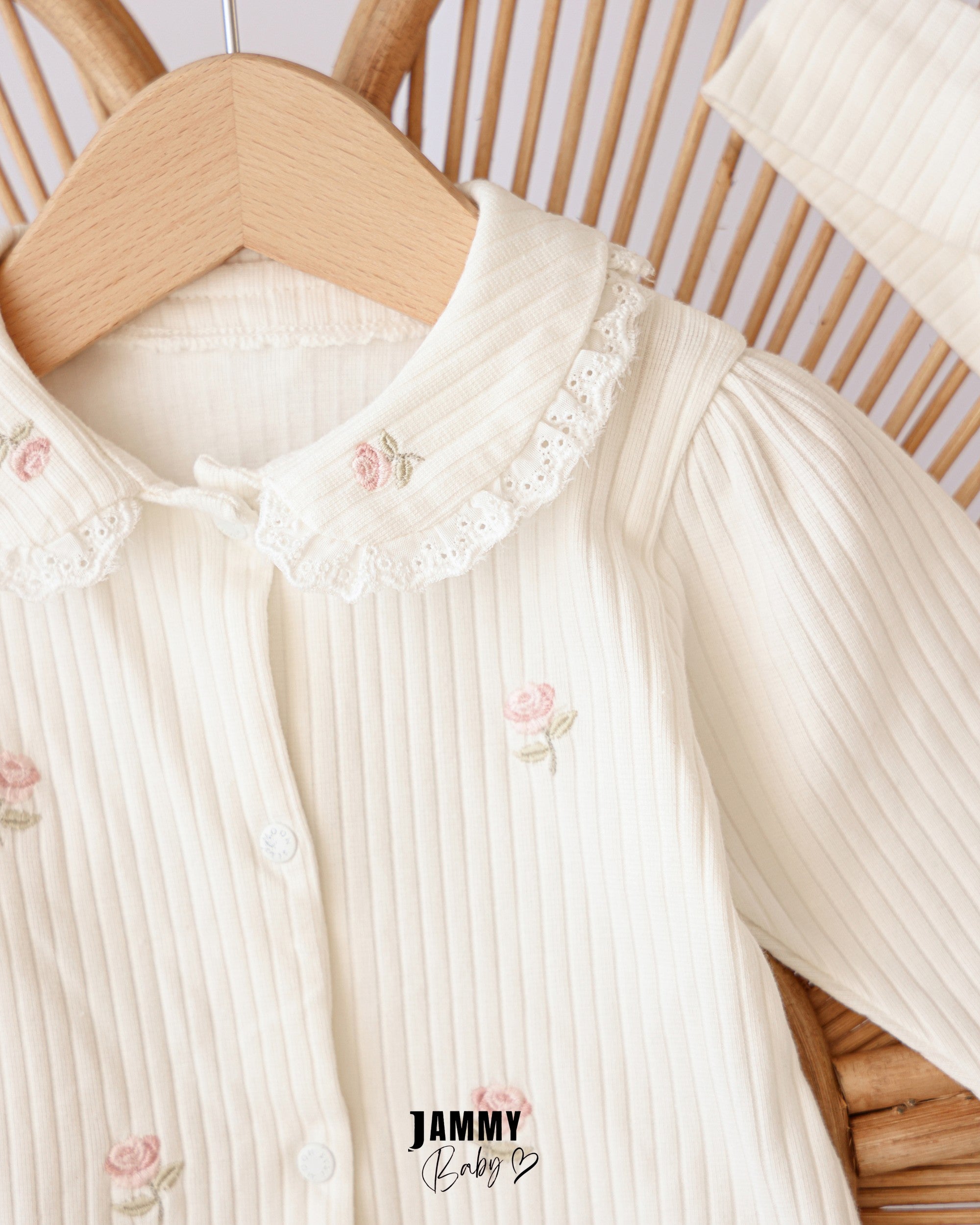 Ribbed Rose Embroidered Footed Romper & Headband Set – White