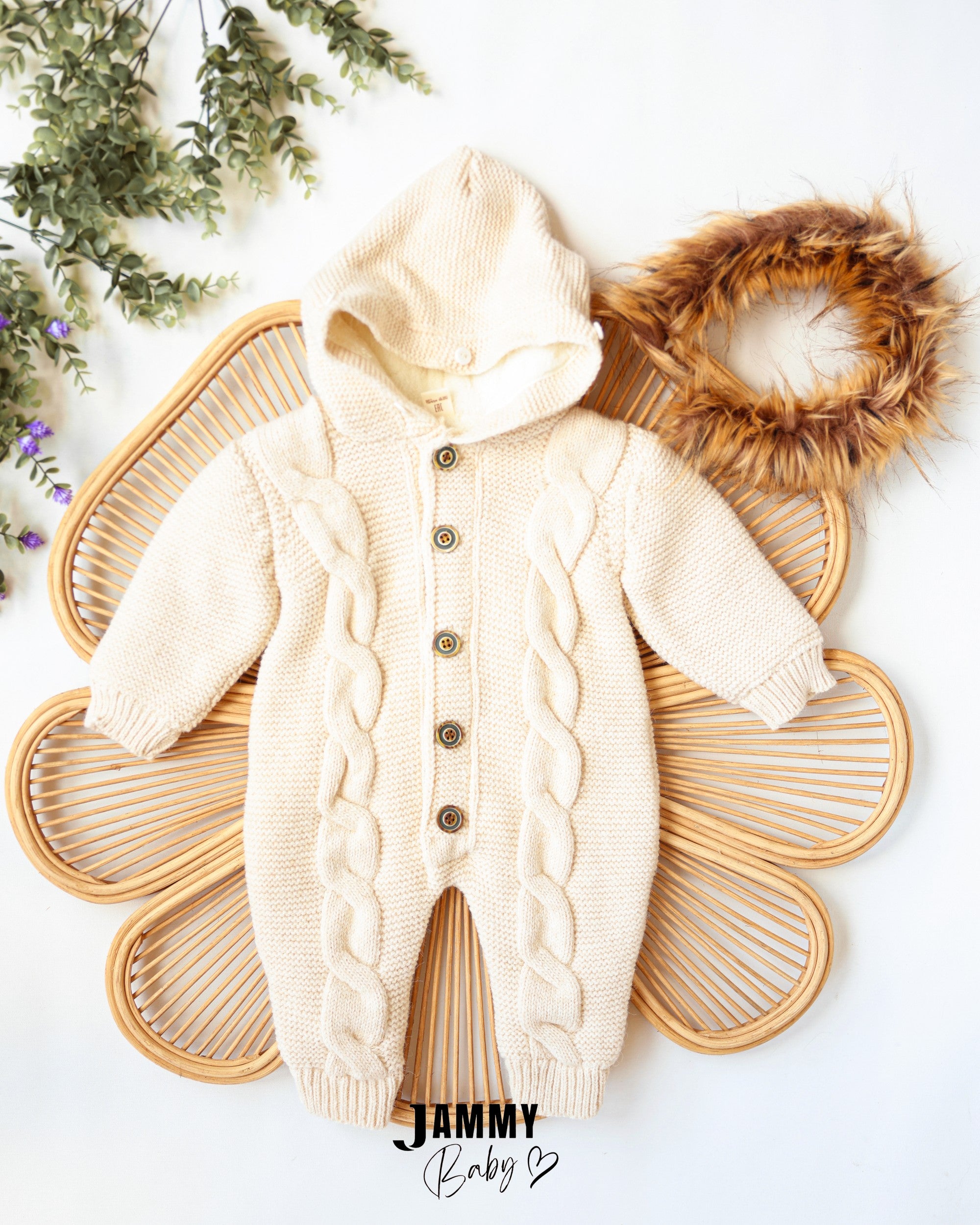 Faux Fur Hooded Knit Jumpsuit - Cream